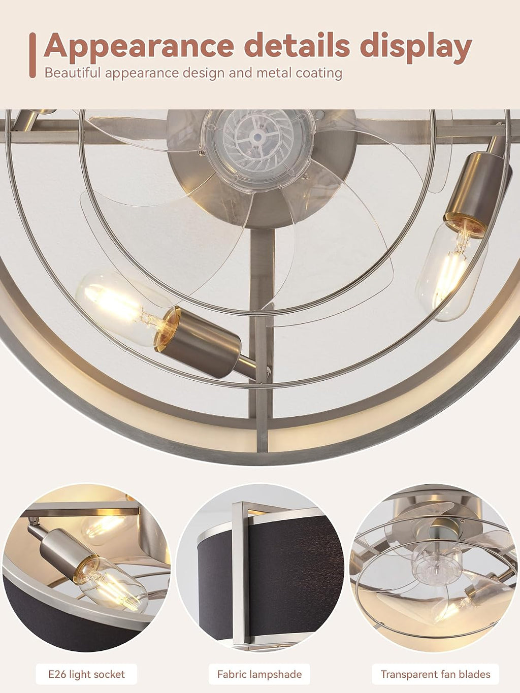 20 Inch Gold Fandelier Ceiling Fans with Lights, Gold Chandelier Ceiling Fan with Light Remote Control, Caged Enclosed with 6 Speeds for Bedroom, Nursery, Living Room