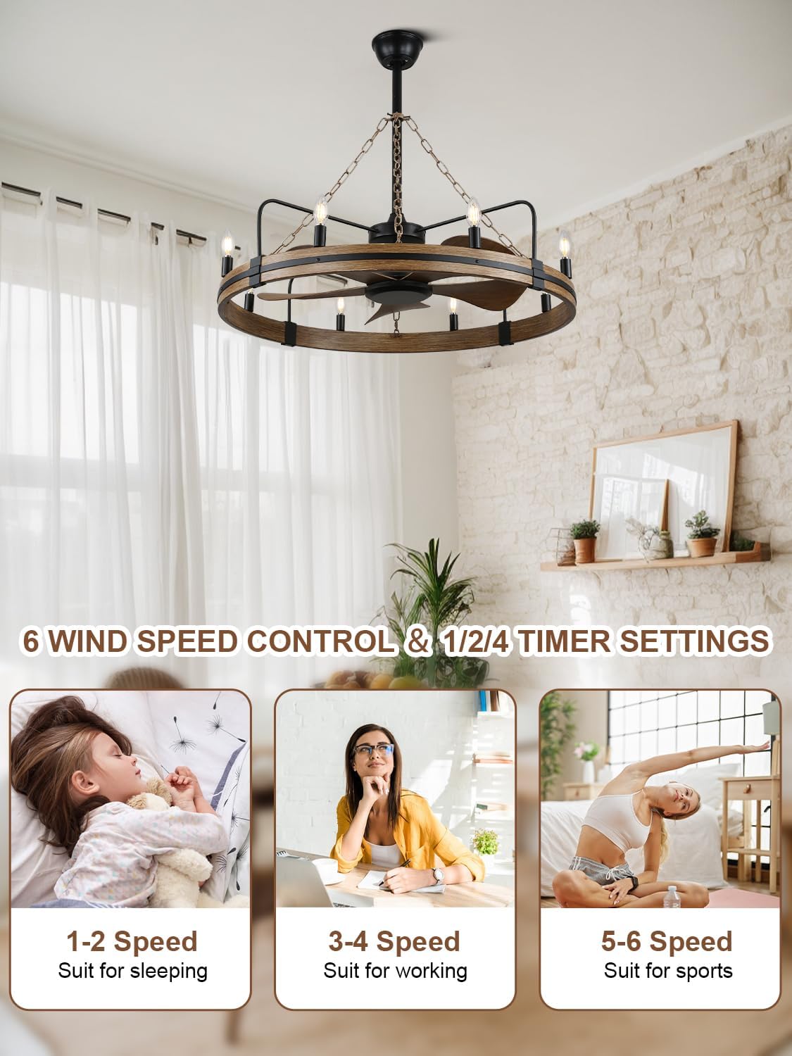 Bella Depot 36' Farmhouse Ceiling Fan with Light - Wagon Wheel Fandelier, 8-Light Rustic Chandelier Fan, Remote Control, for Bedroom Kitchen Dining Room (Bulbs Not Included)