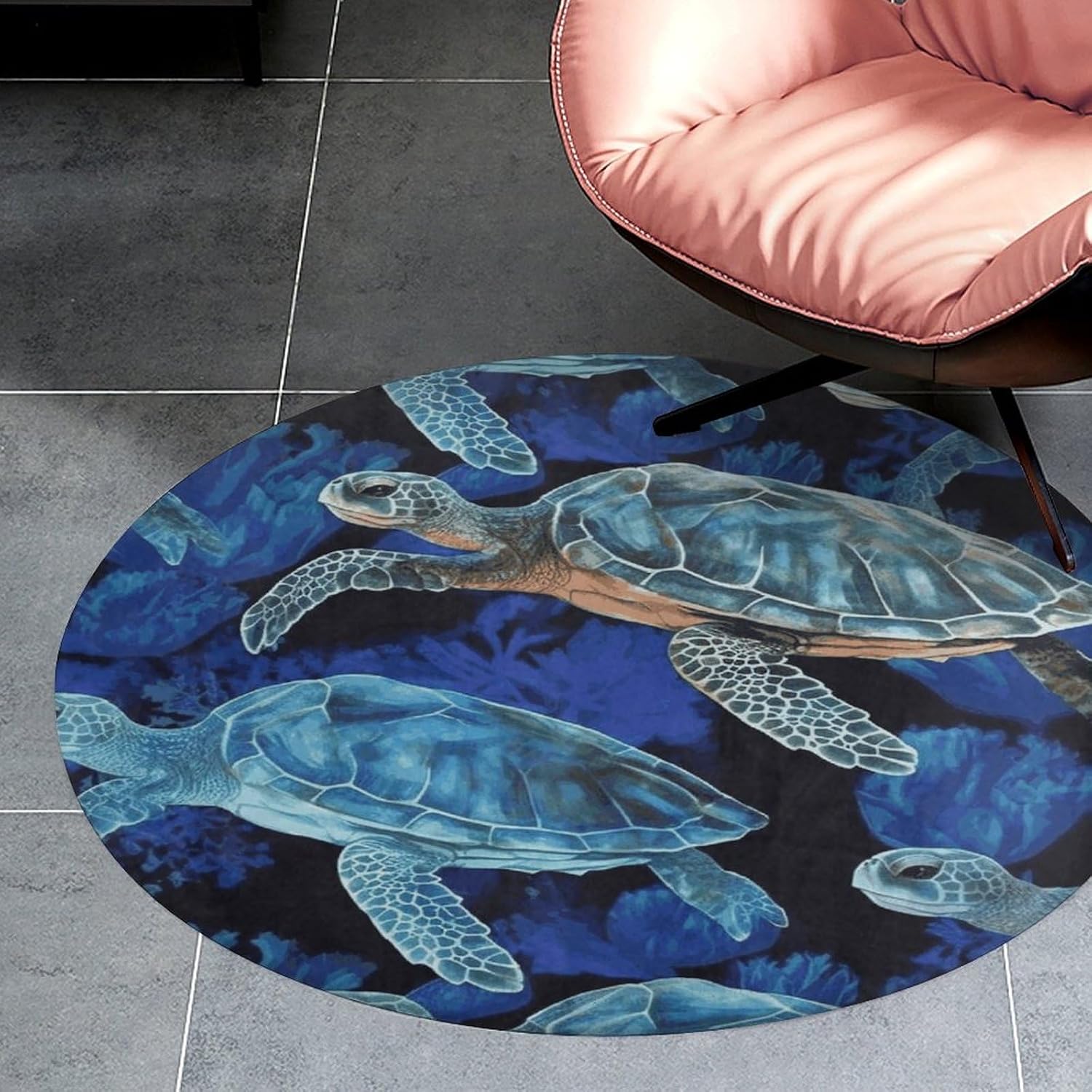 Blue Sea Turtle in Ocean Coral Velvet Round Floor Mat Non-Slip Bath Rug Floor Covering for Bathroom Vanity Guest Suite & Vacation Home