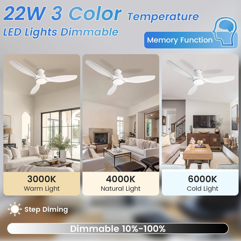 52' White Ceiling Fan with Light and Remote, Flush Mount Low Profile Ceiling Fans, Ceiling Fan with Dimmable LED Lights, 6 Speed, Silent Reversible DC Motor,White Fan for Bedroom/Living Room/Patios