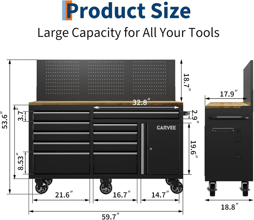 60 Inch Rolling Tool Chest Workbench, 10 Drawer Tool Box with Pegboard & Lock, Mobile Garage Tool Cabinet with Charging Station, Heavy Duty Workbench for Workshop, Black