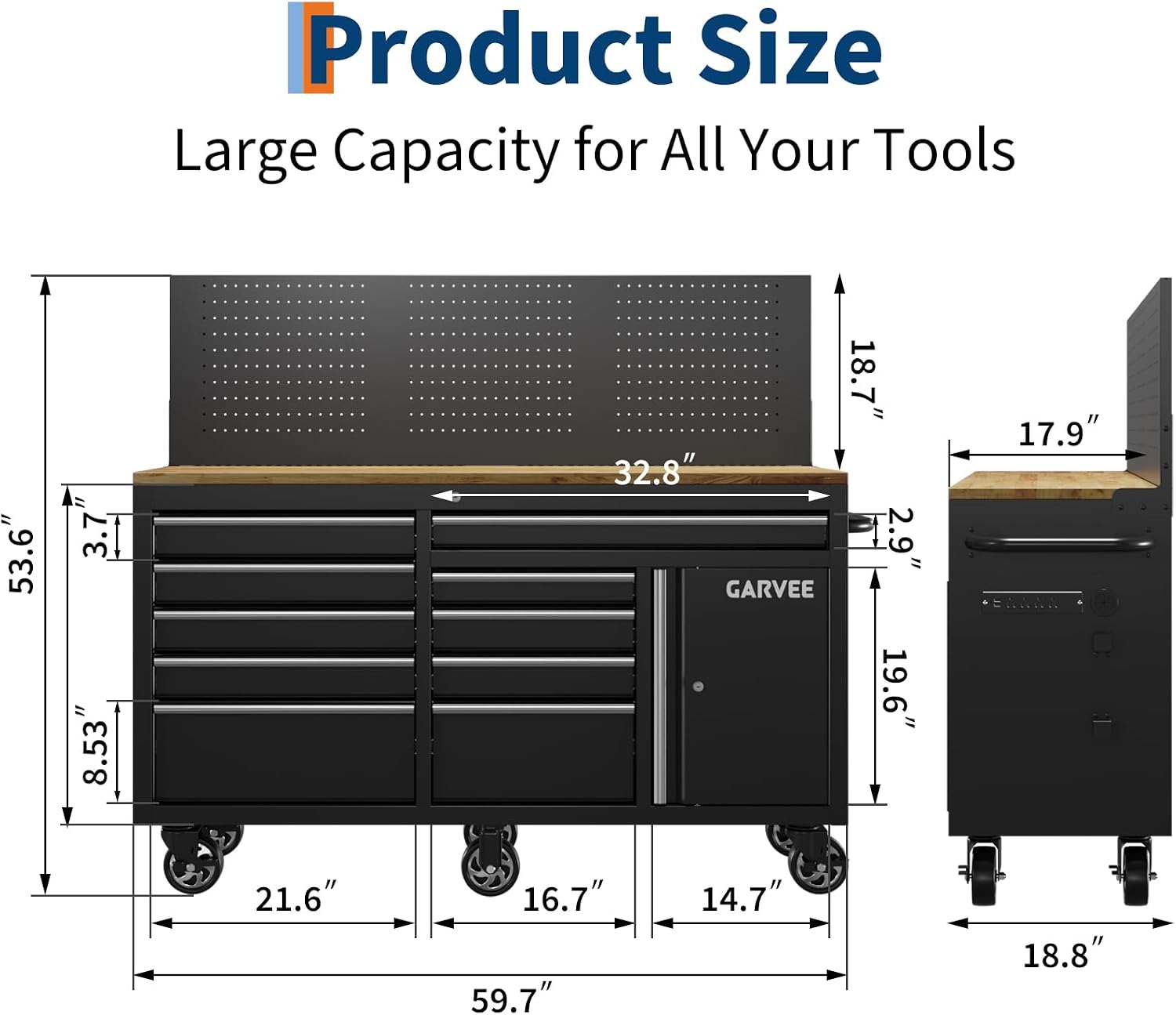 60 Inch Rolling Tool Chest Workbench, 10 Drawer Tool Box with Pegboard & Lock, Mobile Garage Tool Cabinet with Charging Station, Heavy Duty Workbench for Workshop, Black