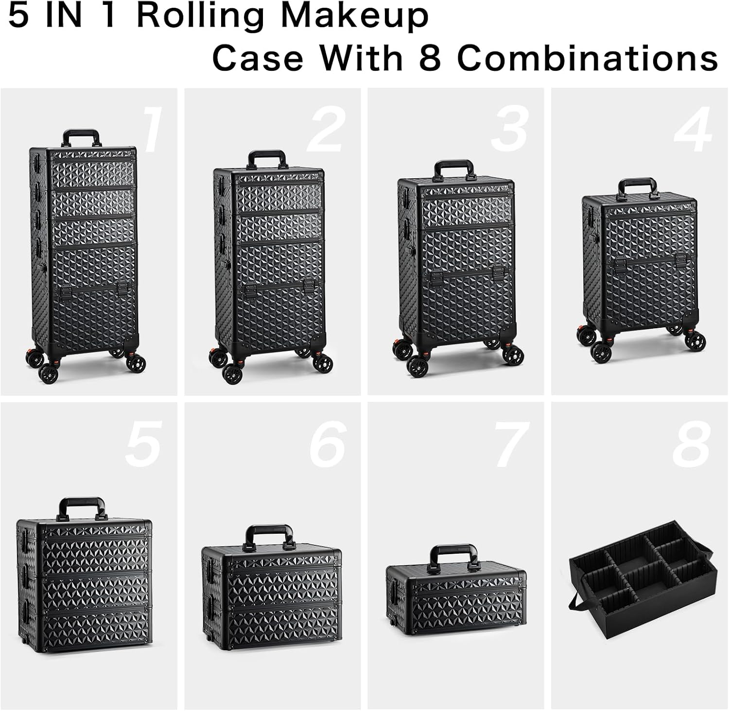 Yueieoun 5 in 1 Makeup Train Case, Cosmetology Case on Wheels Travel Make up Case Rolling Nail Cart Makeup Organizer Cosmetic Storage Box Cases Extra Large Trolley Truck with 360° Swivel Wheels, Black