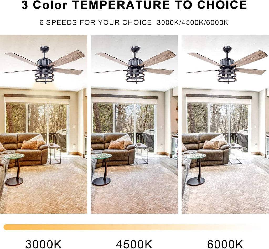 Farmhouse Rustic Ceiling Fan with Lights, 52 Inch Industrial Ceillng Fan Outdoor Ceiling Fan for Patio, Large Airflow Reversible Dual Finish Blades Rustic Fan for Indoor with Timing Function