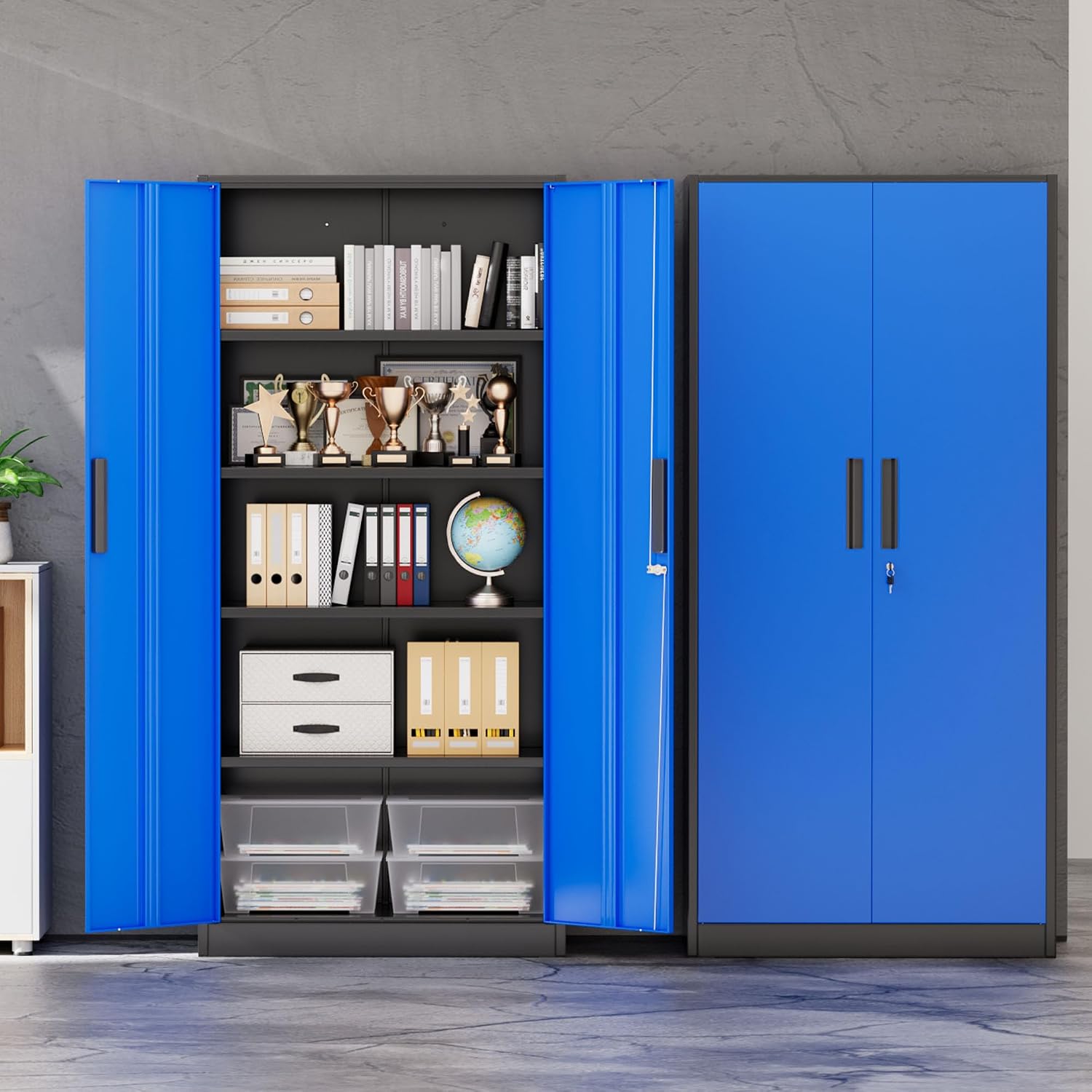 INTERGREAT Storage Cabinet with Doors and Shelves, Metal Garage Storage Cabinets with Lock, Black Lockable Steel Supply Cabinet for Home Office, Warehouse (Black Blue)