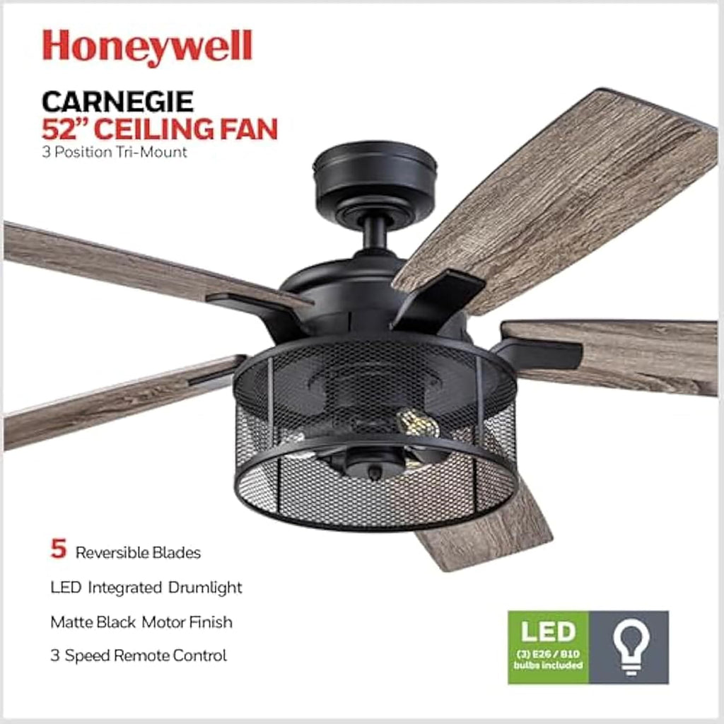 Honeywell Ceiling Fans Carnegie, 52 Inch Industrial LED Ceiling Fan with Light and Remote Control, Dual Mounting Options, Dual Finish Blades, Reversible Motor - 51928-01 - (Matte Black)