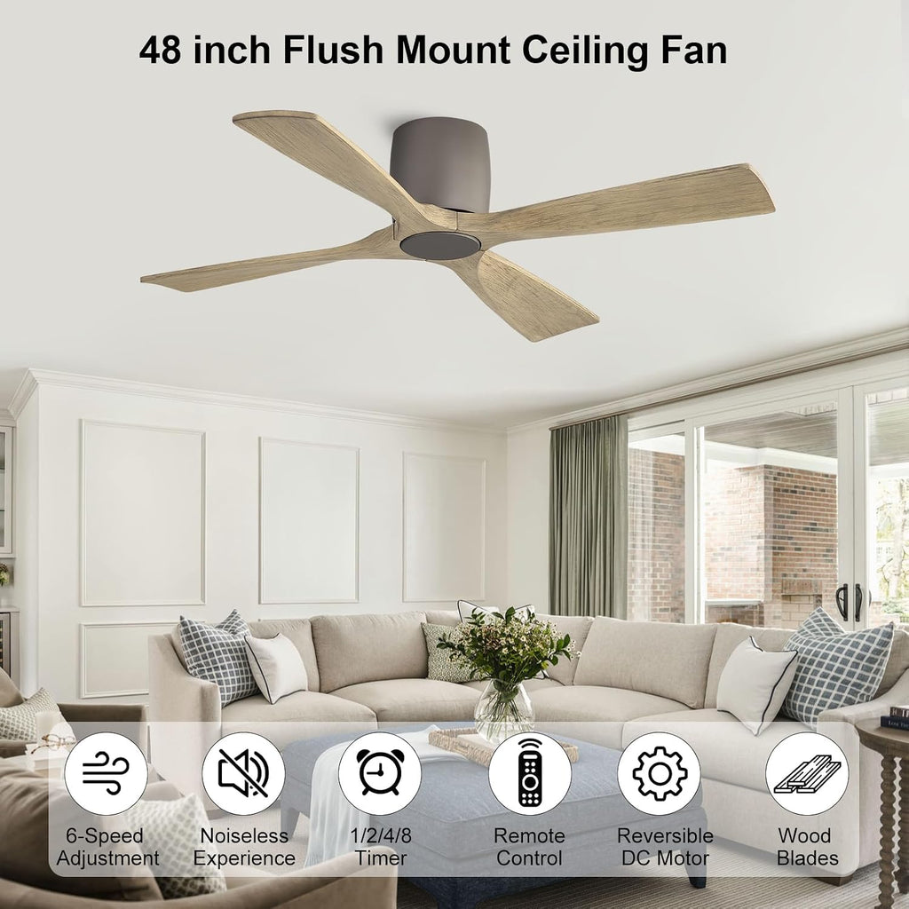 WINGBO 48 Inch Ceiling Fan Without Light, Solid Wood Flush Mount Ceiling Fan with Remote Control, Reversible Quiet DC Motor, 4 Blades,6-Speed, for Bedroom & Living Room, Graphite Finish +Gray Blade