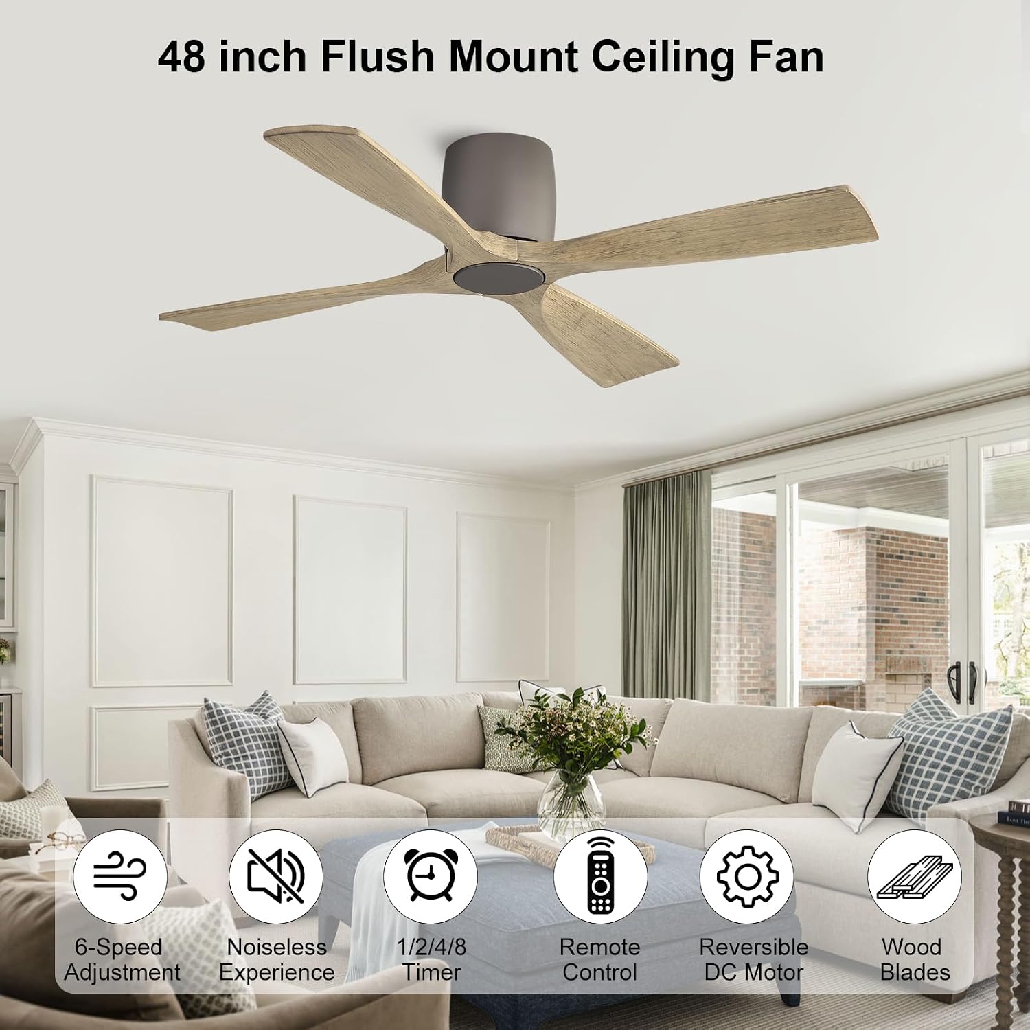 WINGBO 48 Inch Ceiling Fan Without Light, Solid Wood Flush Mount Ceiling Fan with Remote Control, Reversible Quiet DC Motor, 4 Blades,6-Speed, for Bedroom & Living Room, Graphite Finish +Gray Blade