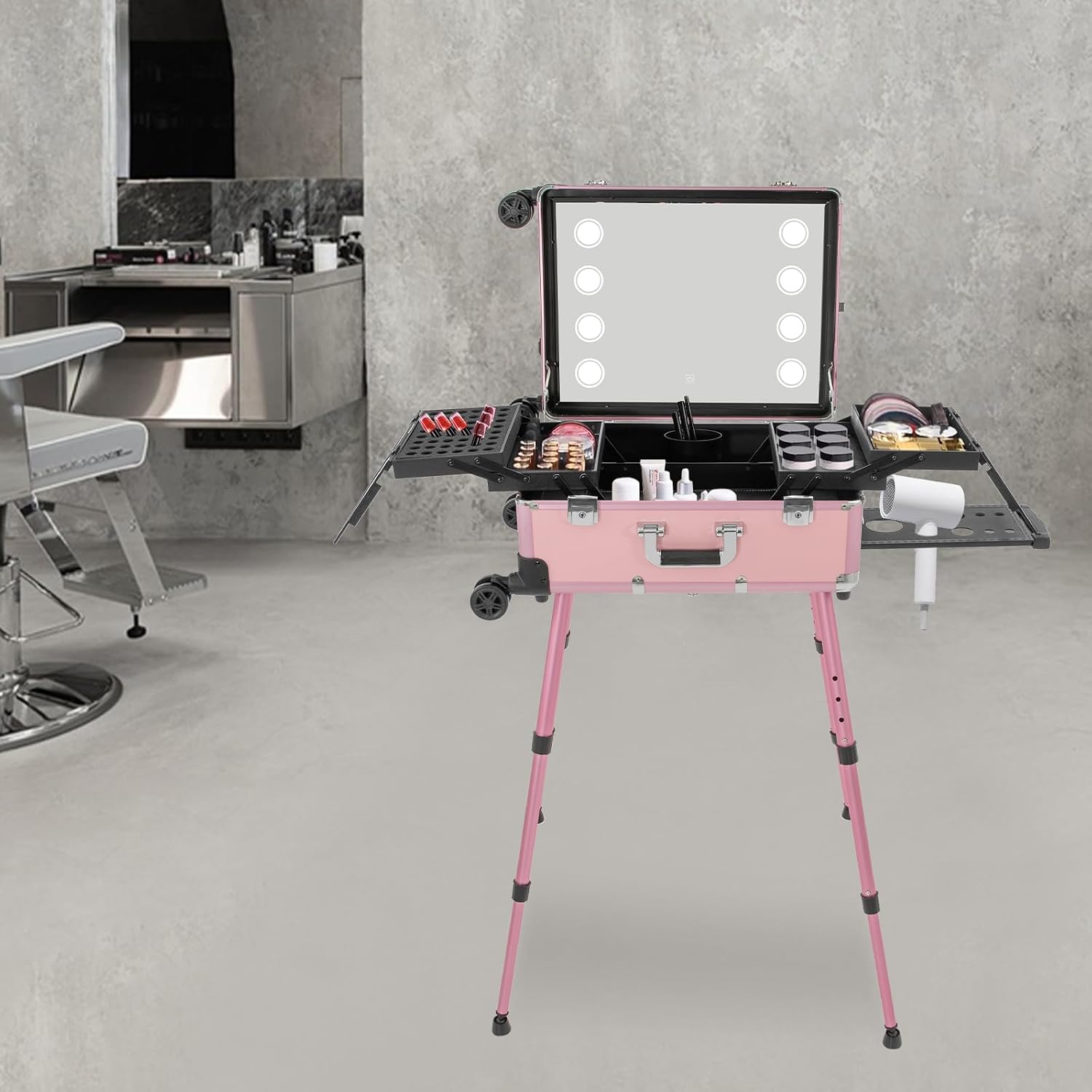 Aluminum Trolley Makeup Train Case with LED Light & Mirror,Professional Travel Cosmetic Organizer Box with Retractable Legs, Rolling Lighted Makeup Vanity Station for Salon Barber (Pink)