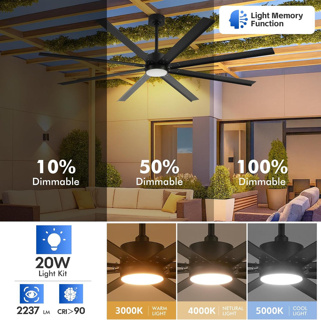 72 Inch Waterproof Outdoor Ceiling Fan with Light, Smart Ceiling Fan with Alexa/APP Control, 8 Modern Black Aluminum Blades, Large Airflow Reversible Quiet DC Motor, Wet-Rated for Patios Gazebo Garage