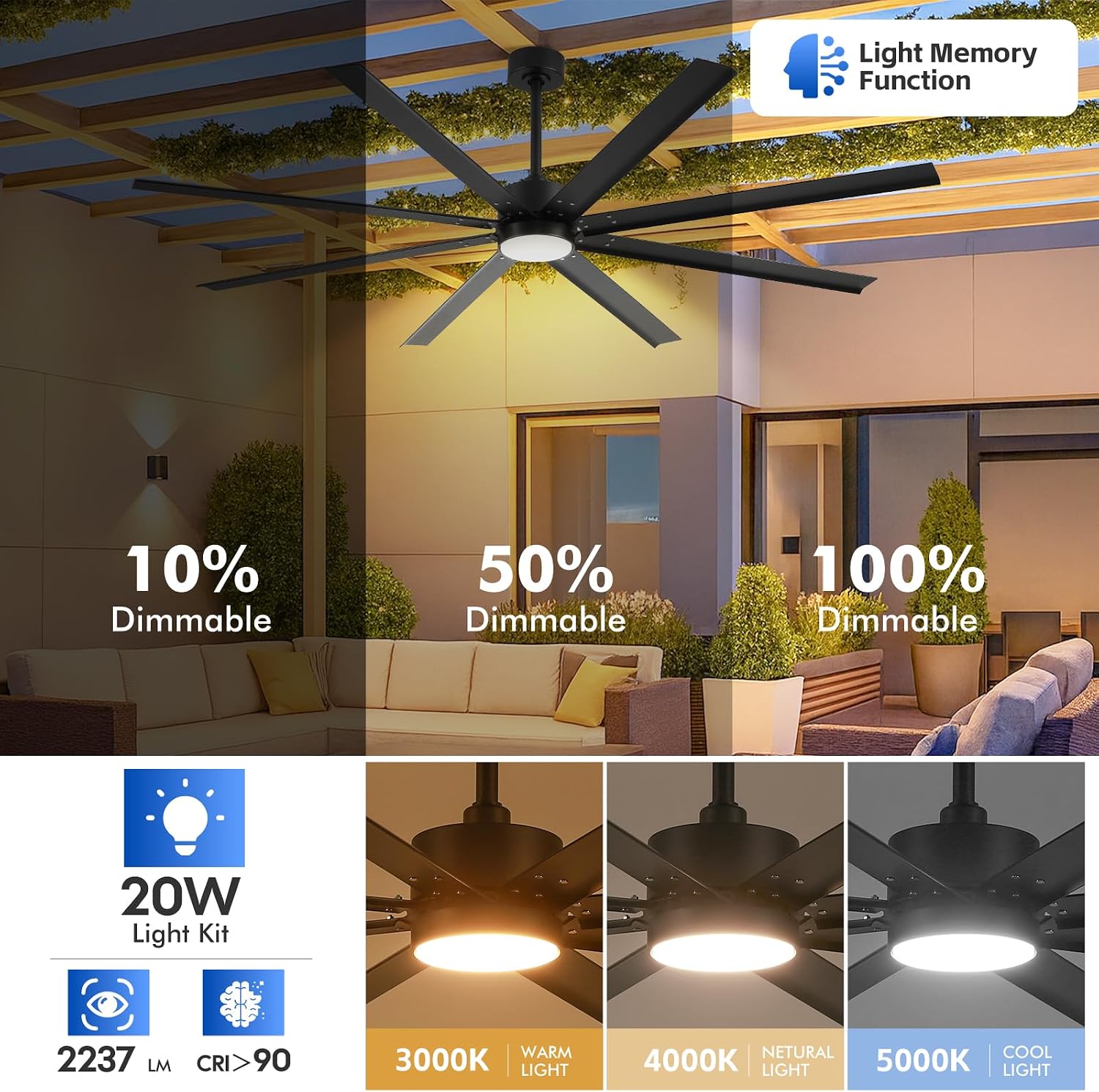 72 Inch Waterproof Outdoor Ceiling Fan with Light, Smart Ceiling Fan with Alexa/APP Control, 8 Modern Black Aluminum Blades, Large Airflow Reversible Quiet DC Motor, Wet-Rated for Patios Gazebo Garage