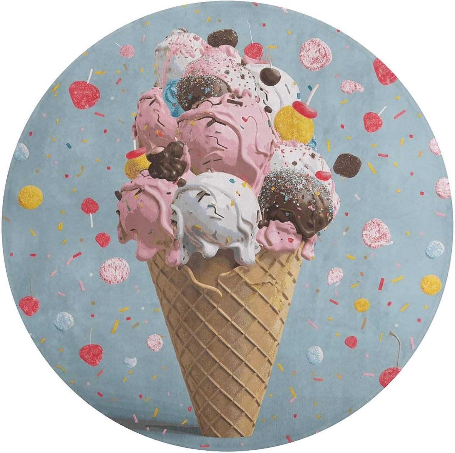 Sweet Ice Cream Coral Velvet Round Floor Mat Non-Slip Bath Rug Floor Covering for Bathroom Vanity Guest Suite & Vacation Home