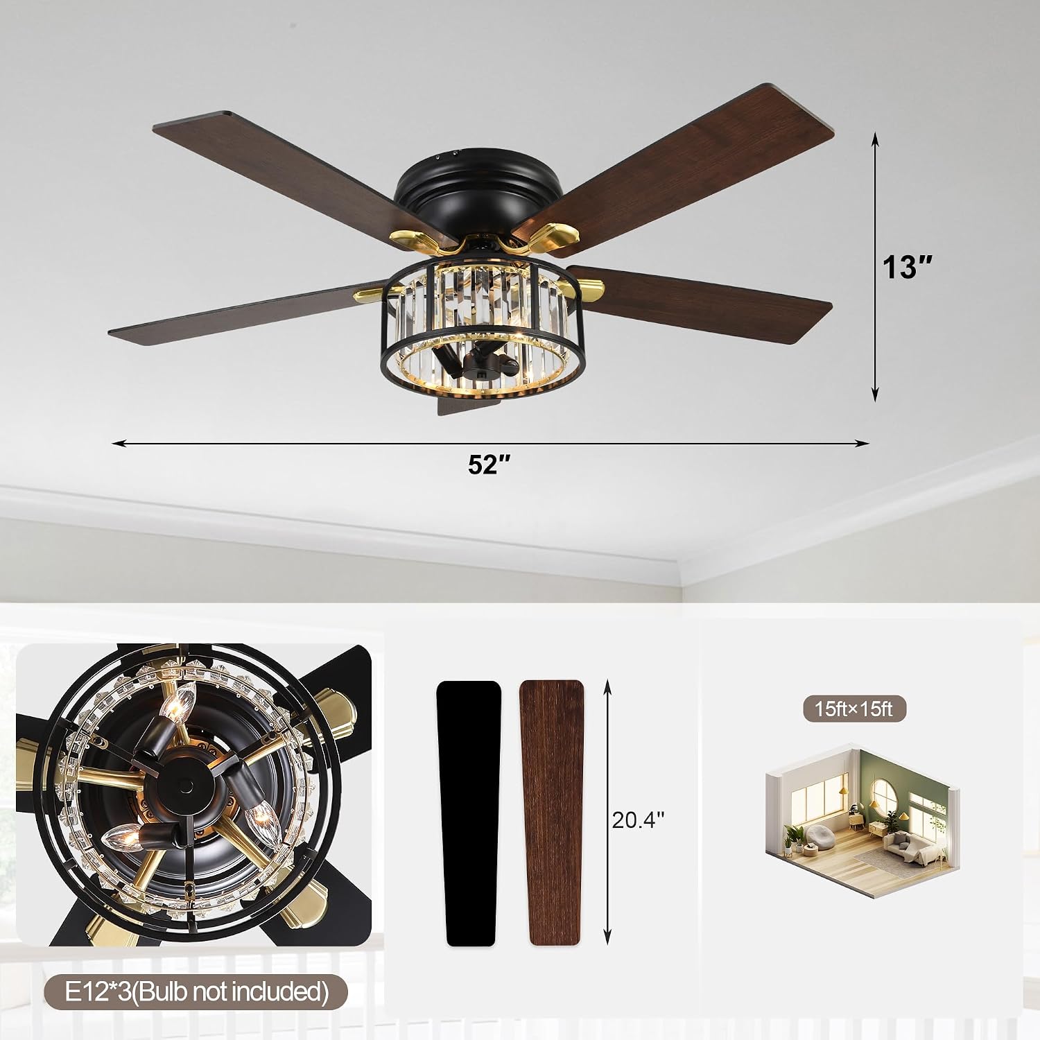 Bella Depot 52' Black Flush Mount Ceiling Fan, Caged Crystal Chandelier Fan with Light (No Bulbs Included), Quiet DC Motor for Dining Living Room Bedroom