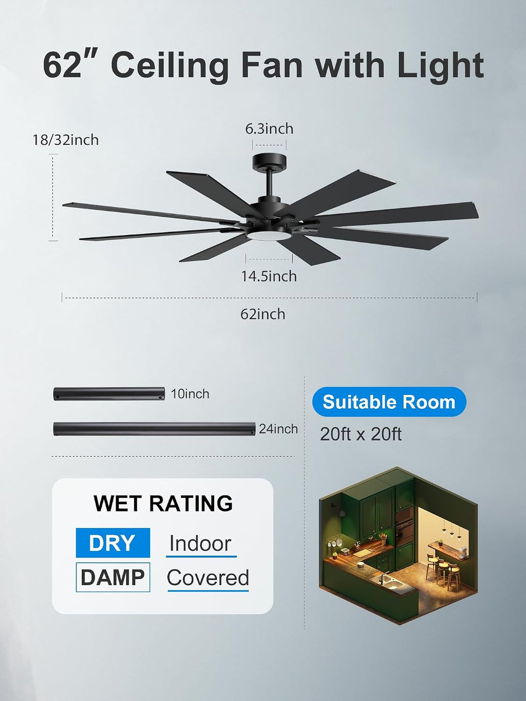 62 Inch Black Ceiling Fan with 5CCT Dimmable Light and Remote, Damp-Rated Indoor/ Outdoor for Patio Industrial Living Room -High CFM Quiet 6-Speed DC Motor, 8 Dual-Finish Blades with Timer 3 Downrods
