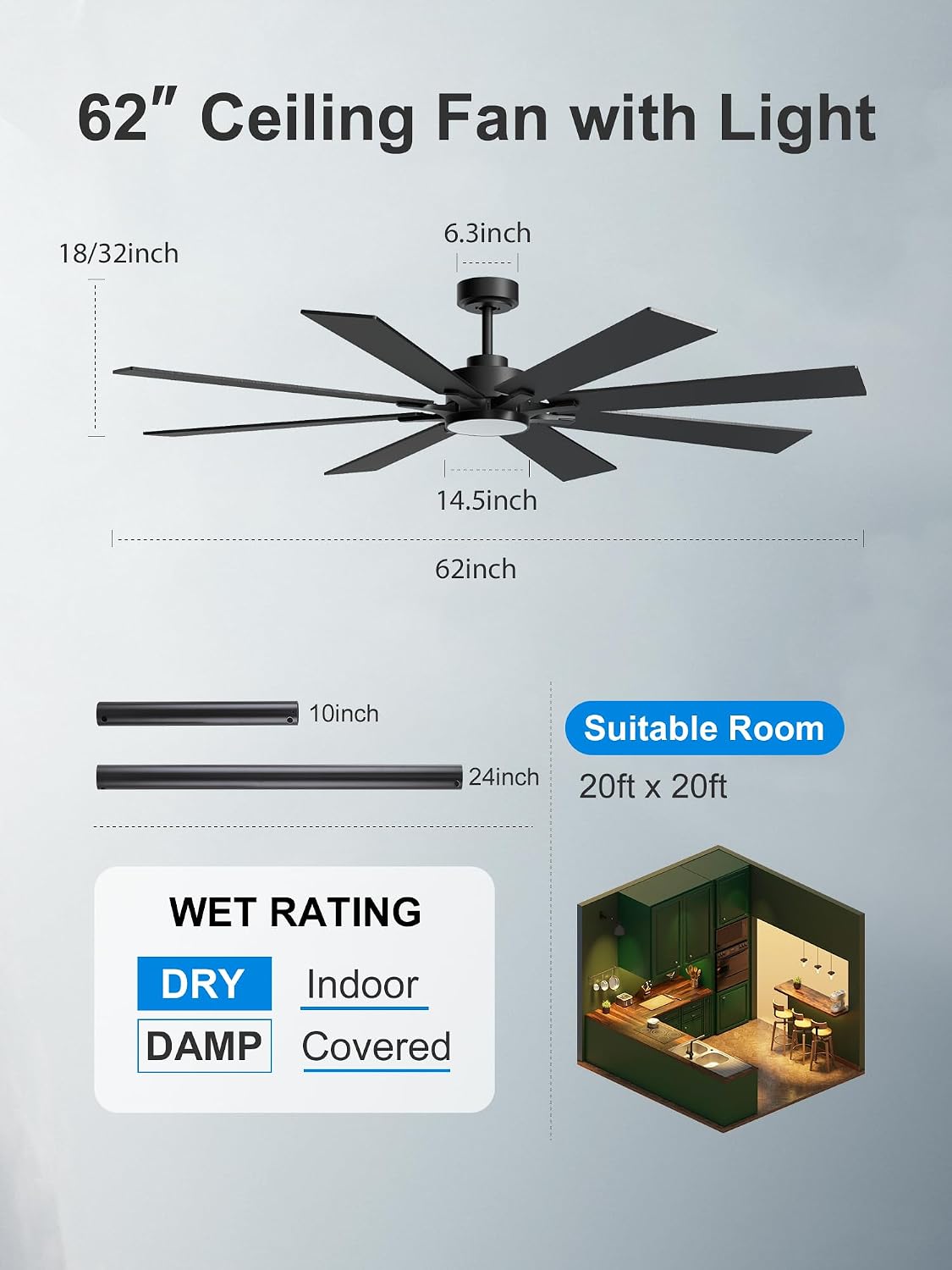 62 Inch Black Ceiling Fan with 5CCT Dimmable Light and Remote, Damp-Rated Indoor/ Outdoor for Patio Industrial Living Room -High CFM Quiet 6-Speed DC Motor, 8 Dual-Finish Blades with Timer 3 Downrods