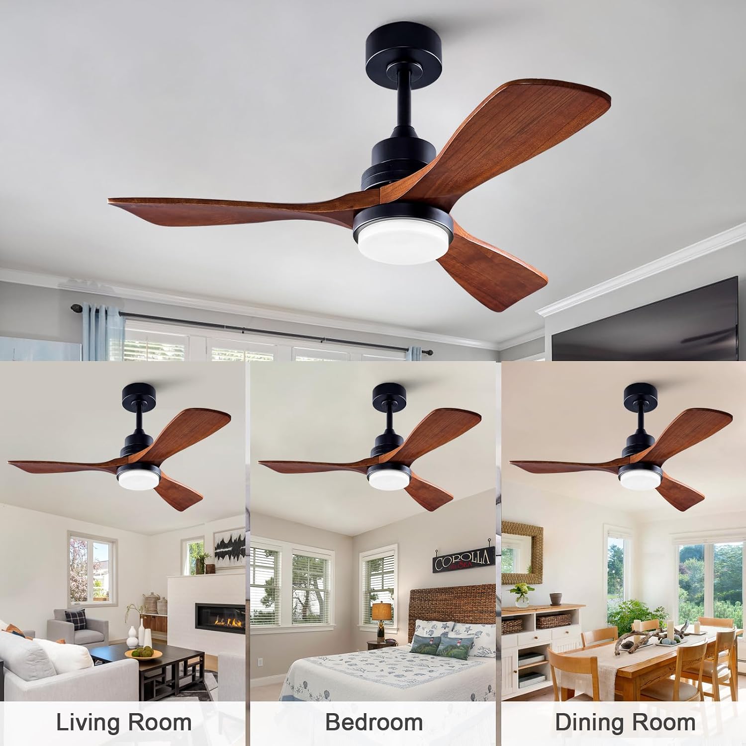 42 Inch Outdoor Ceiling Fans with Lights and Remote, Dimmable 3 Blade Wood Outdoor Ceiling Fans for Patios, Black Walnut Bedroom Ceiling Fan with Light, DC Motor