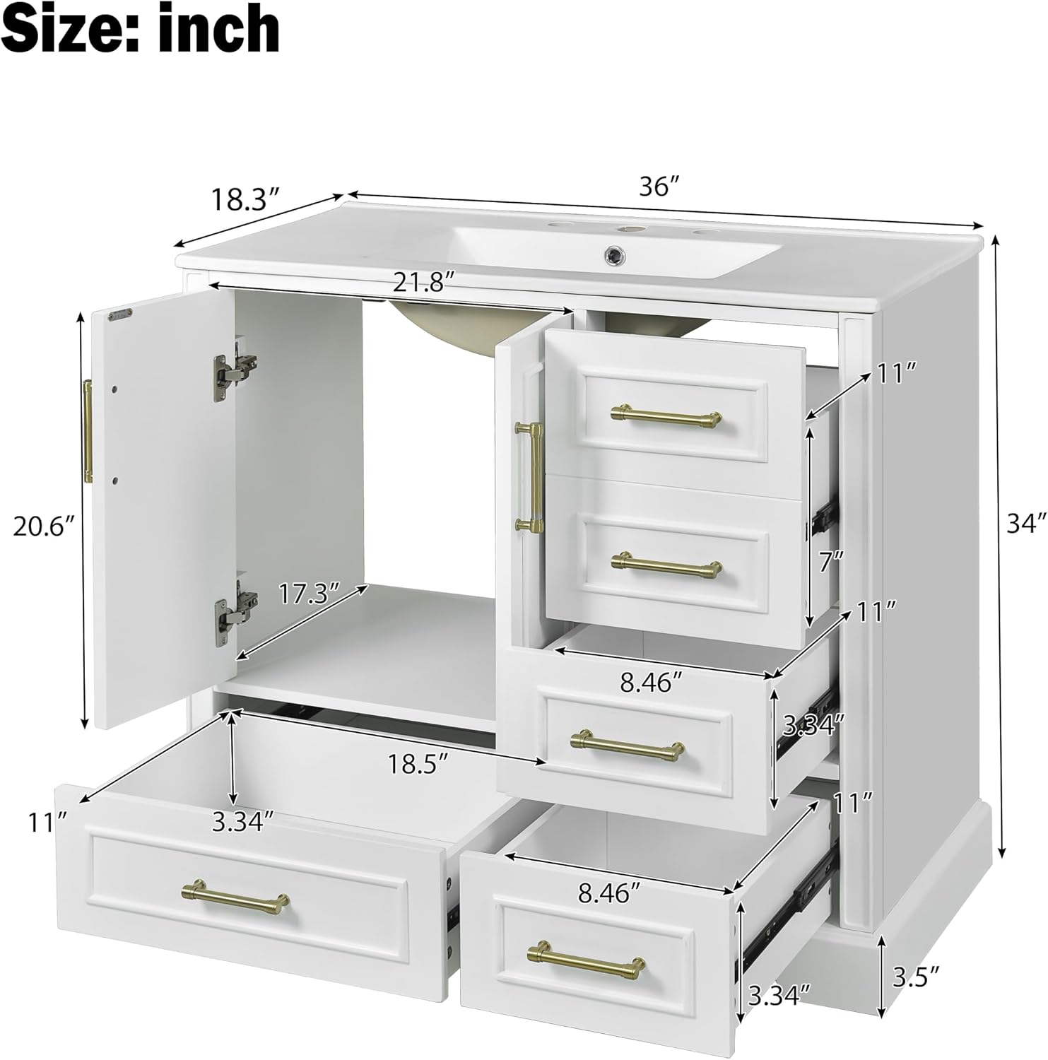 LUMISOL 36'' Bathroom Vanity with Ceramic Sink, Freestanding Vanity with Single Sink, Modern Bathroom Storage Cabinet with Soft Close Doors & Drawers for Guest Bath, Master Suite, Rental, White