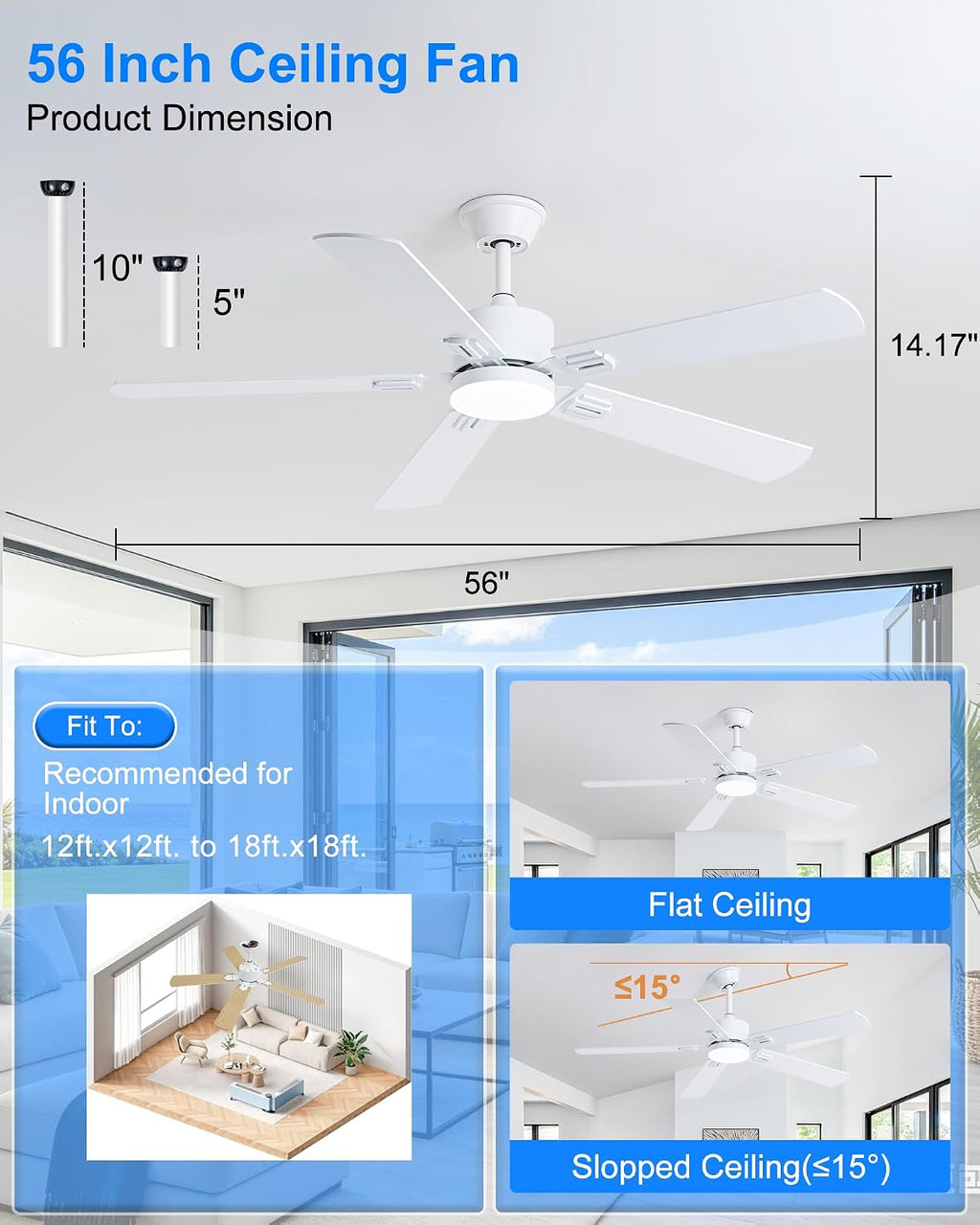 Coolwind 56 Inch White Bedroom Ceiling Fan with Display Remote/APP Control, Quiet Ceiling Fan with Light with 8 Speeds & 3CCT, Dimmable, Timer, DC Reversible Motor for Indoor/Ourdoor