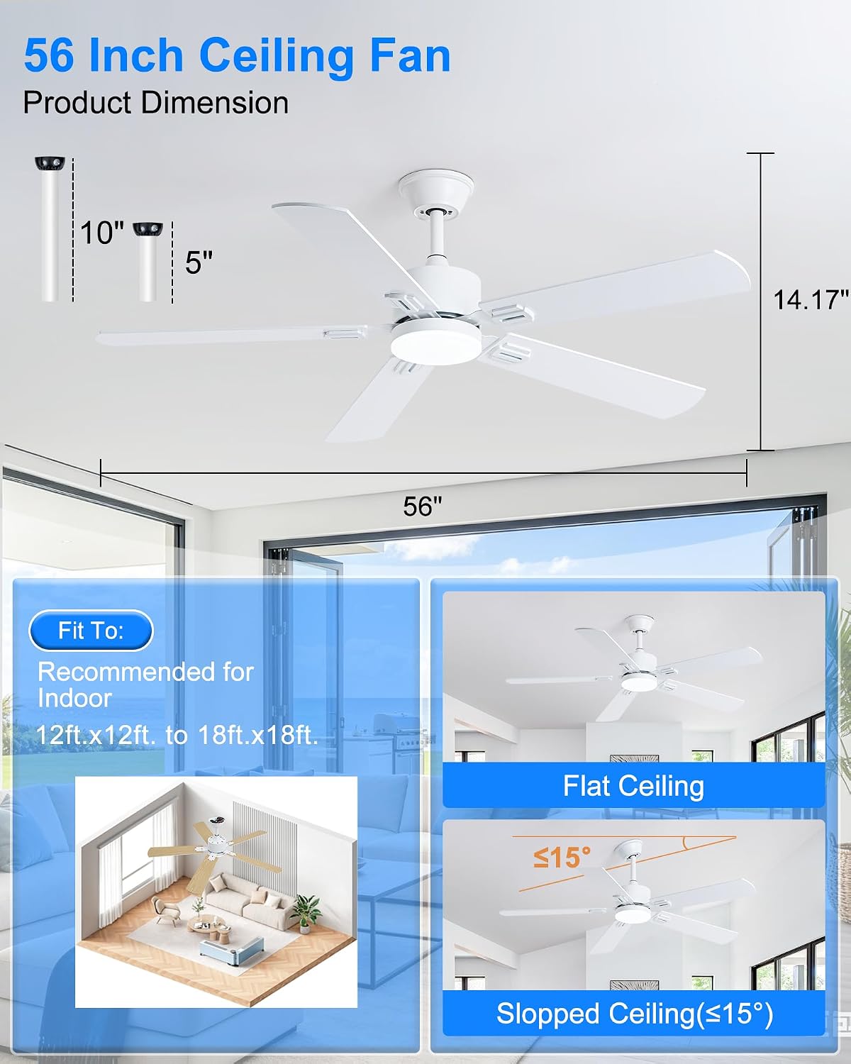Coolwind 56 Inch White Bedroom Ceiling Fan with Display Remote/APP Control, Quiet Ceiling Fan with Light with 8 Speeds & 3CCT, Dimmable, Timer, DC Reversible Motor for Indoor/Ourdoor