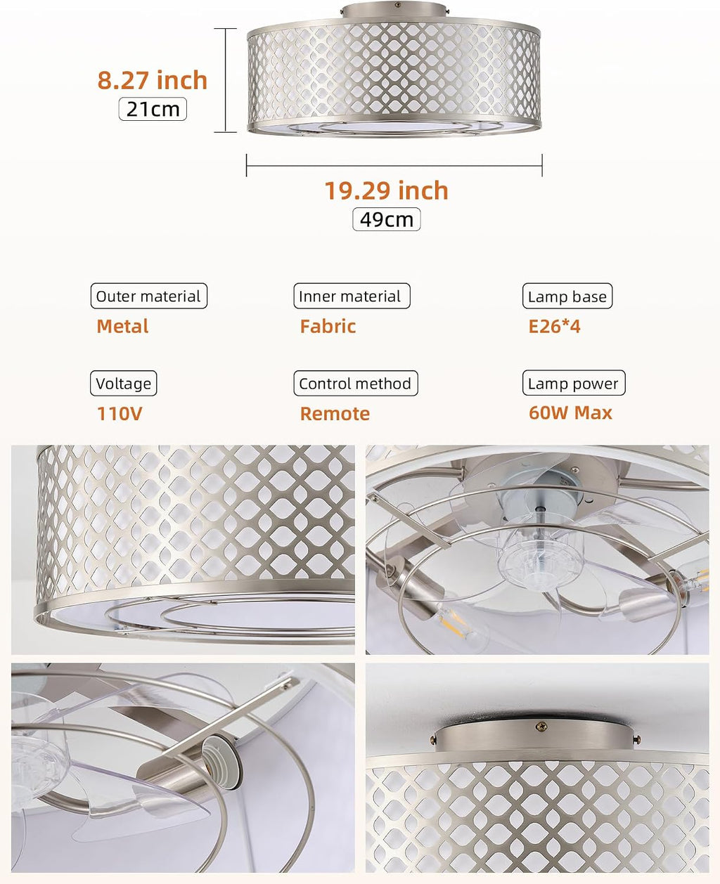 20' Silver Ceiling Fan with Light Flush Mount, Caged Boho Ceiling Fans with Lights Remote Control, Round with 6 Speeds for Bedroom, Nursery, Living Room