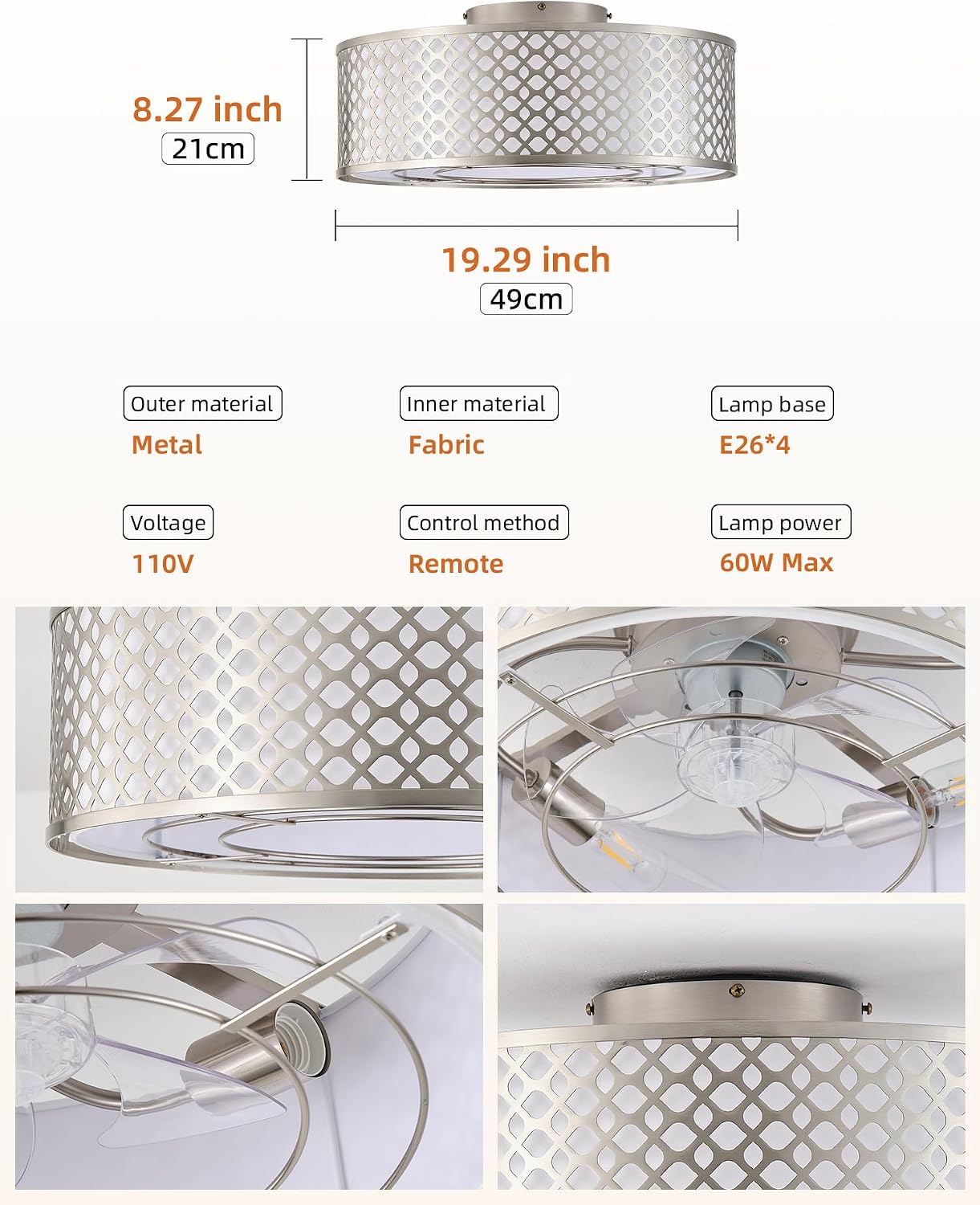 20' Silver Ceiling Fan with Light Flush Mount, Caged Boho Ceiling Fans with Lights Remote Control, Round with 6 Speeds for Bedroom, Nursery, Living Room