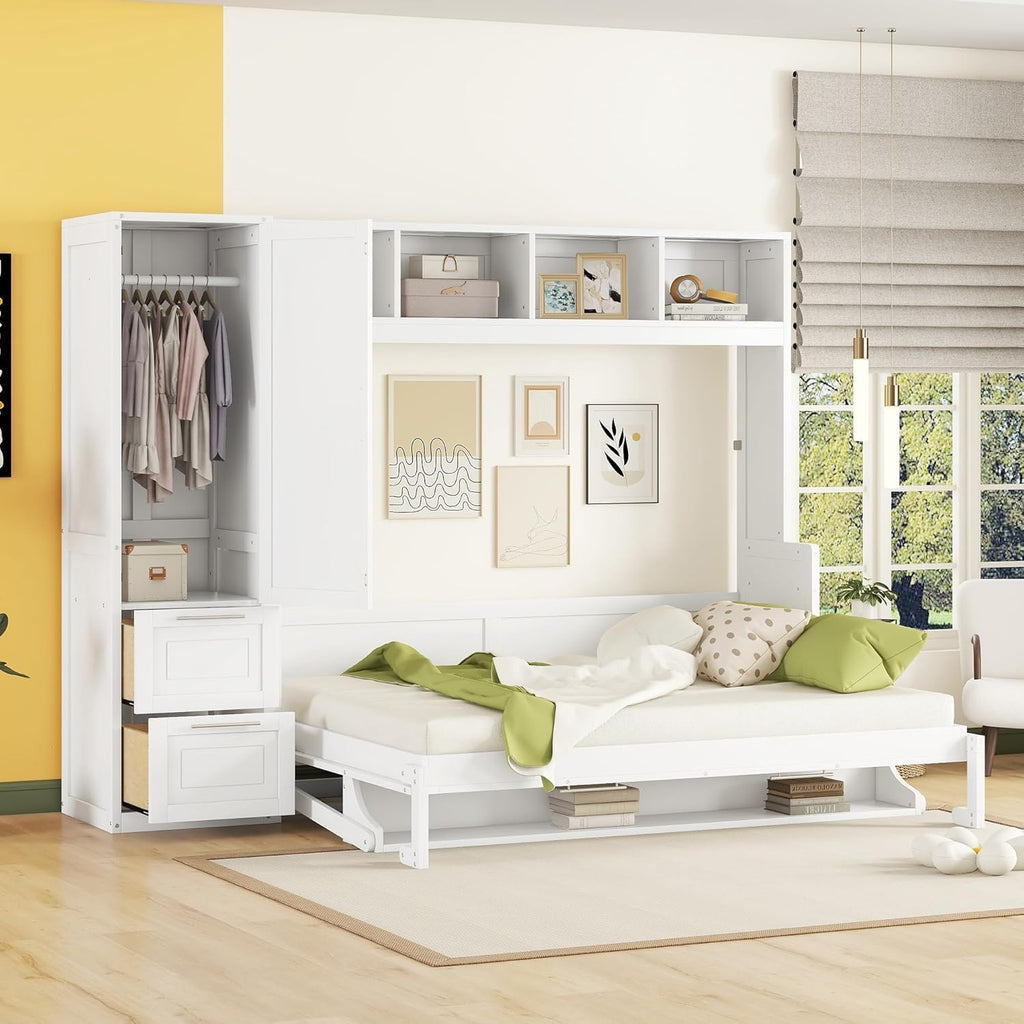MERITLINE Queen Murphy Bed with Storage Shelves and Wardrobe Closet,Wood Folding Murphy Wall Bed Cabinet with Drawers,for Bedroom Office Guest Room,Foldable
