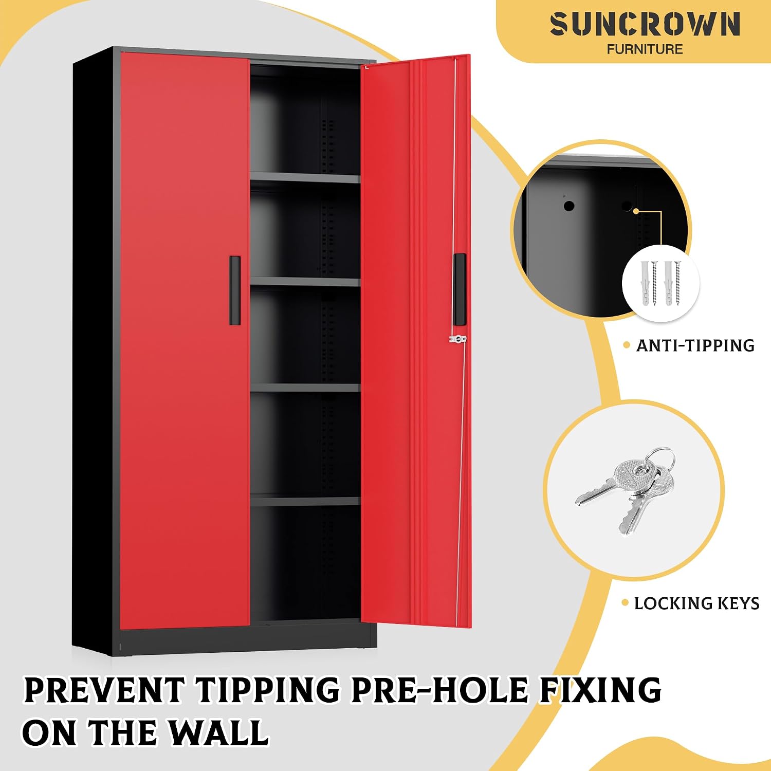 SUNCROWN Metal Garage Storage Cabinet, 72' Locking Steel Garage Cabinets with 2 Door and 4 Adjustable Shelves, Tall Metal Tool Cabinets for Home Office, Garage, School, Black Red