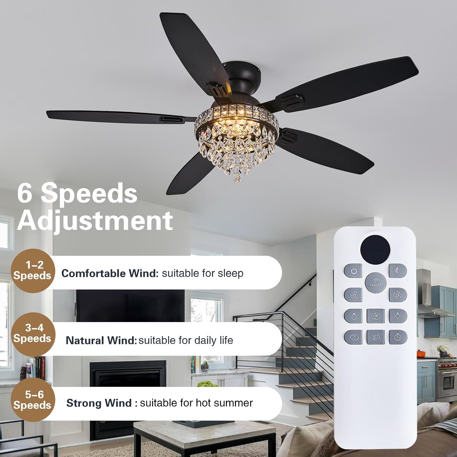 Crystal Ceiling Fan Fandelier with Lights-Ceiling Fans with Lights,54' Low Profile and Remote Control, Flush Mount, Reversible, Dimmable, Noiseless, Black Ceiling Fan for Bedroom