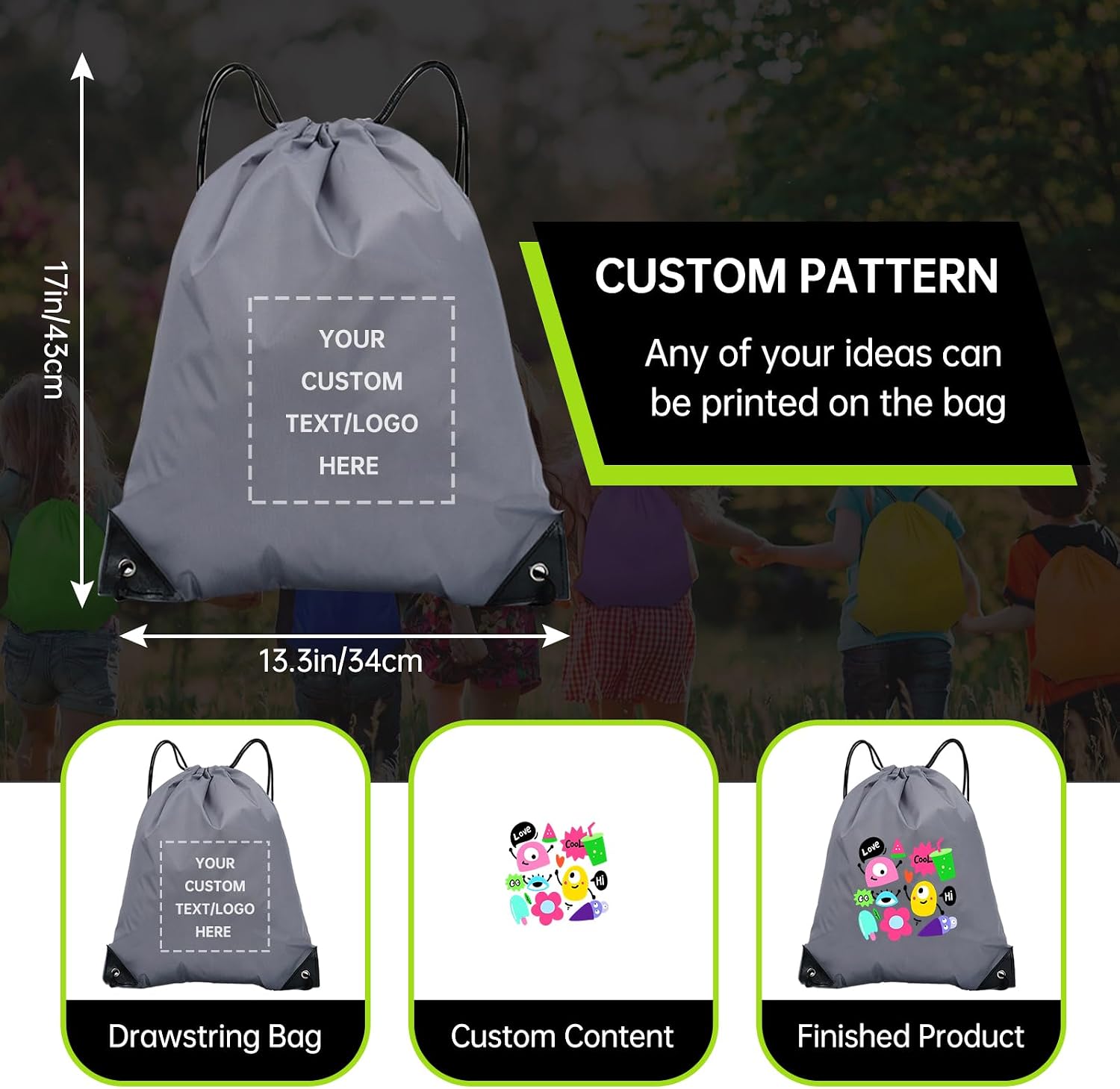 JEOHLORY pack of 100 Custom Bags With Your Logo,customized backpack,promotional items,Drawstring Backpacks,Great for Everyday Use (Custom gray)