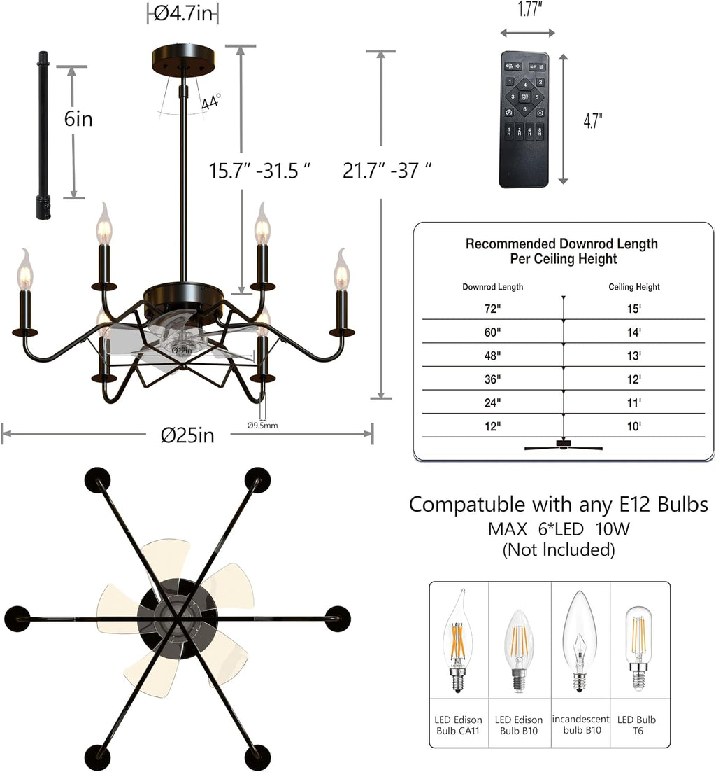 Ceiling Fan with Branch-Shaped Candlestick Chandelier 25' Farmhouse Fandelier Ceiling Fans with Lights, Rustic Hanging Chandelier for Bedroom, Dining Room, Kitchen Island, Foyer, Hallway-Black