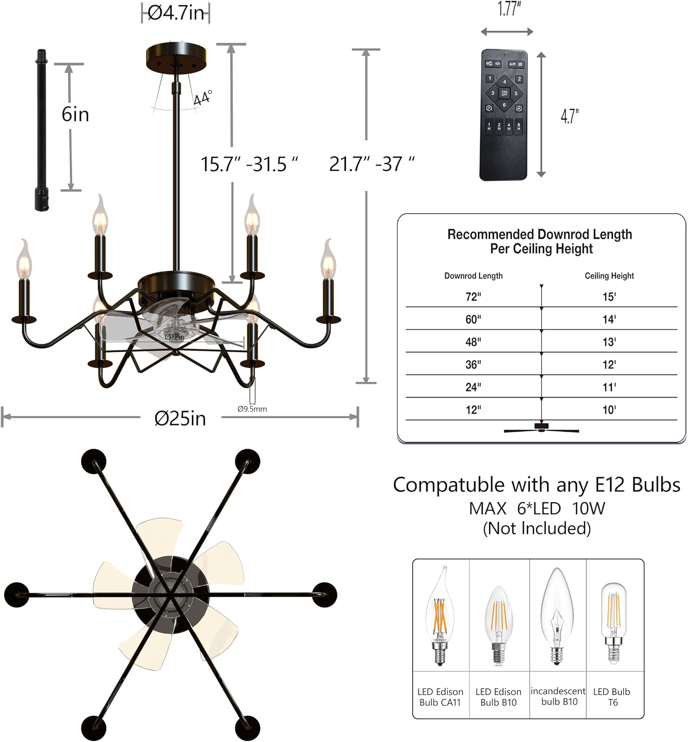 Ceiling Fan with Branch-Shaped Candlestick Chandelier 25' Farmhouse Fandelier Ceiling Fans with Lights, Rustic Hanging Chandelier for Bedroom, Dining Room, Kitchen Island, Foyer, Hallway-Black