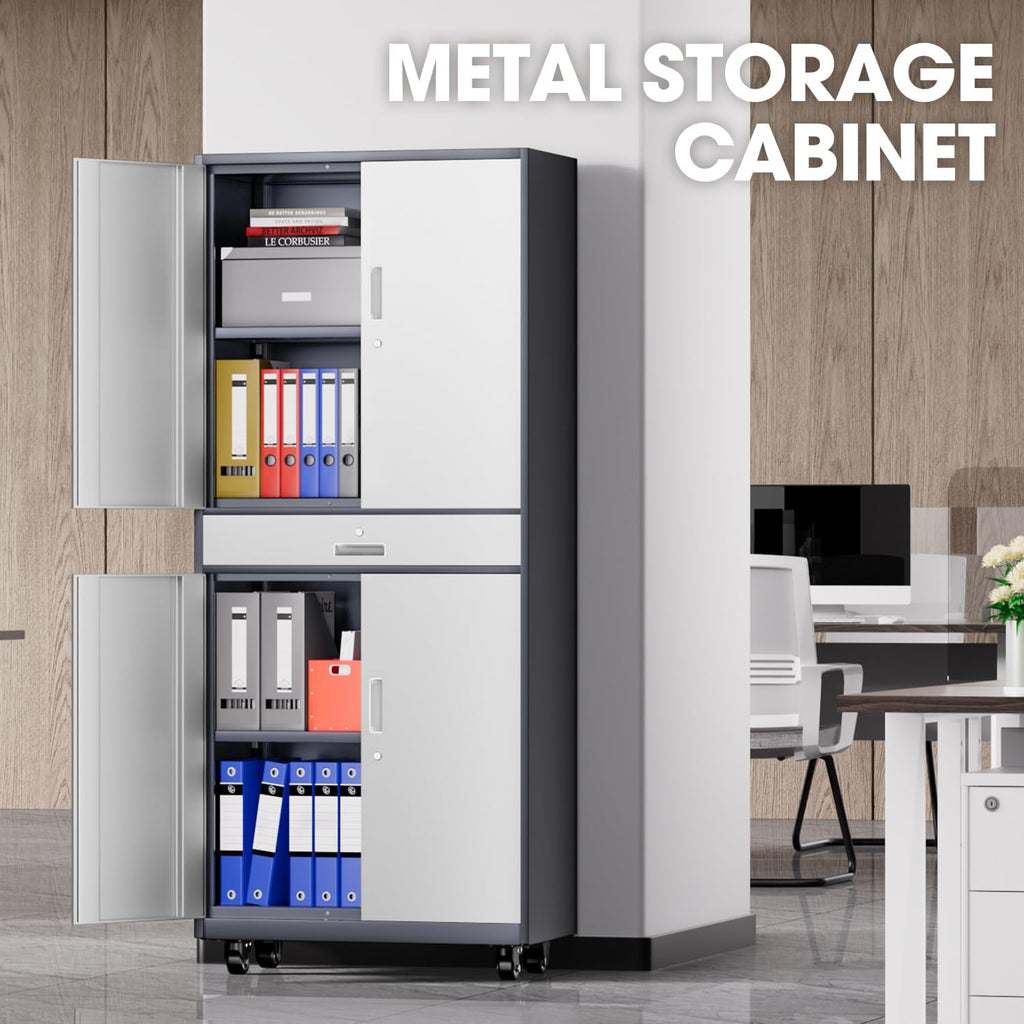 DNA Motoring 73'' Metal Storage Cabinet, Rolling Garage Cabinet with 1 Drawer and Adjustable Shelves, Lockable Heavy Duty Metal Locker for Garage,Office,Home,Gray White, TOOLS-00630-GY-WH-A
