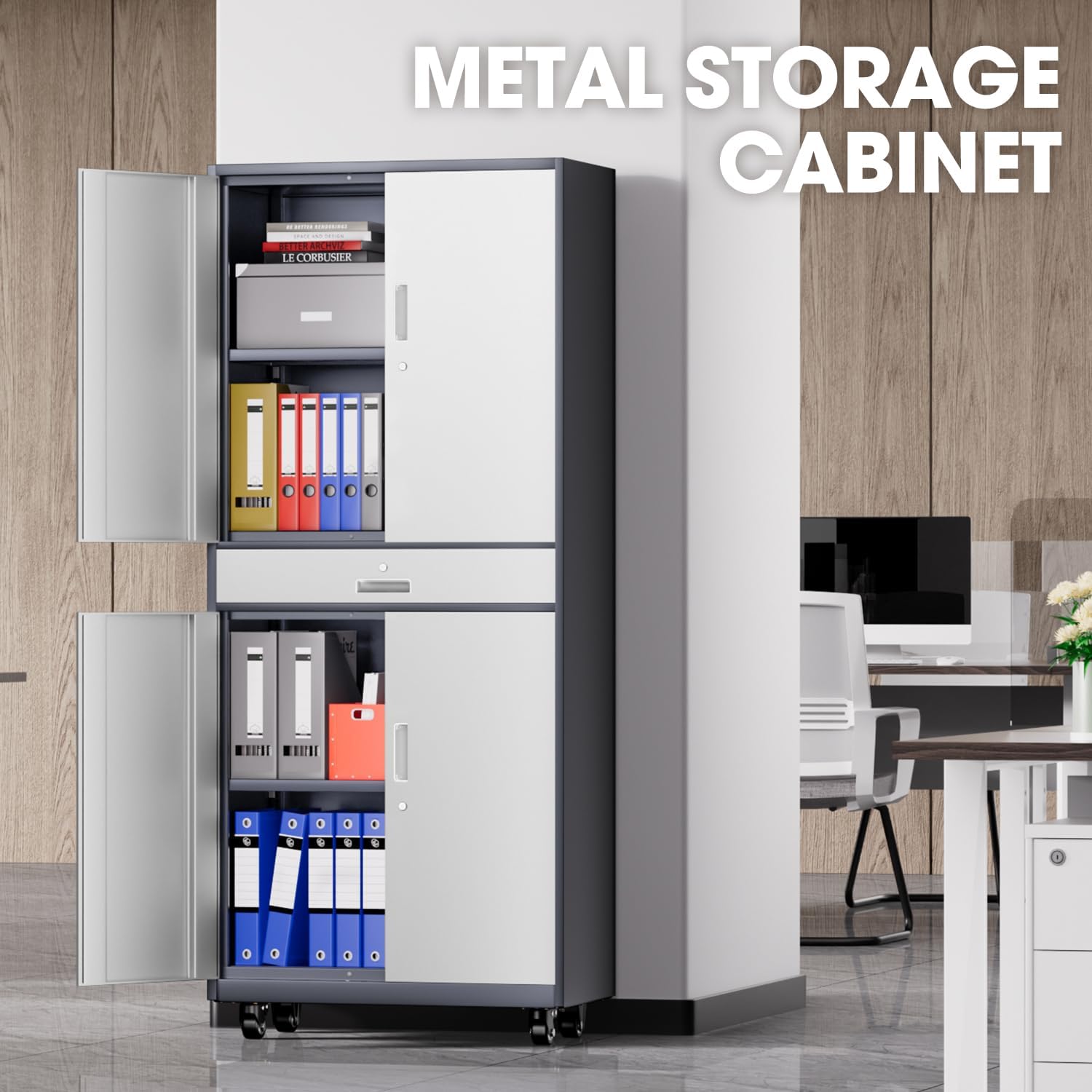 DNA Motoring 73'' Metal Storage Cabinet, Rolling Garage Cabinet with 1 Drawer and Adjustable Shelves, Lockable Heavy Duty Metal Locker for Garage,Office,Home,Gray White, TOOLS-00630-GY-WH-A