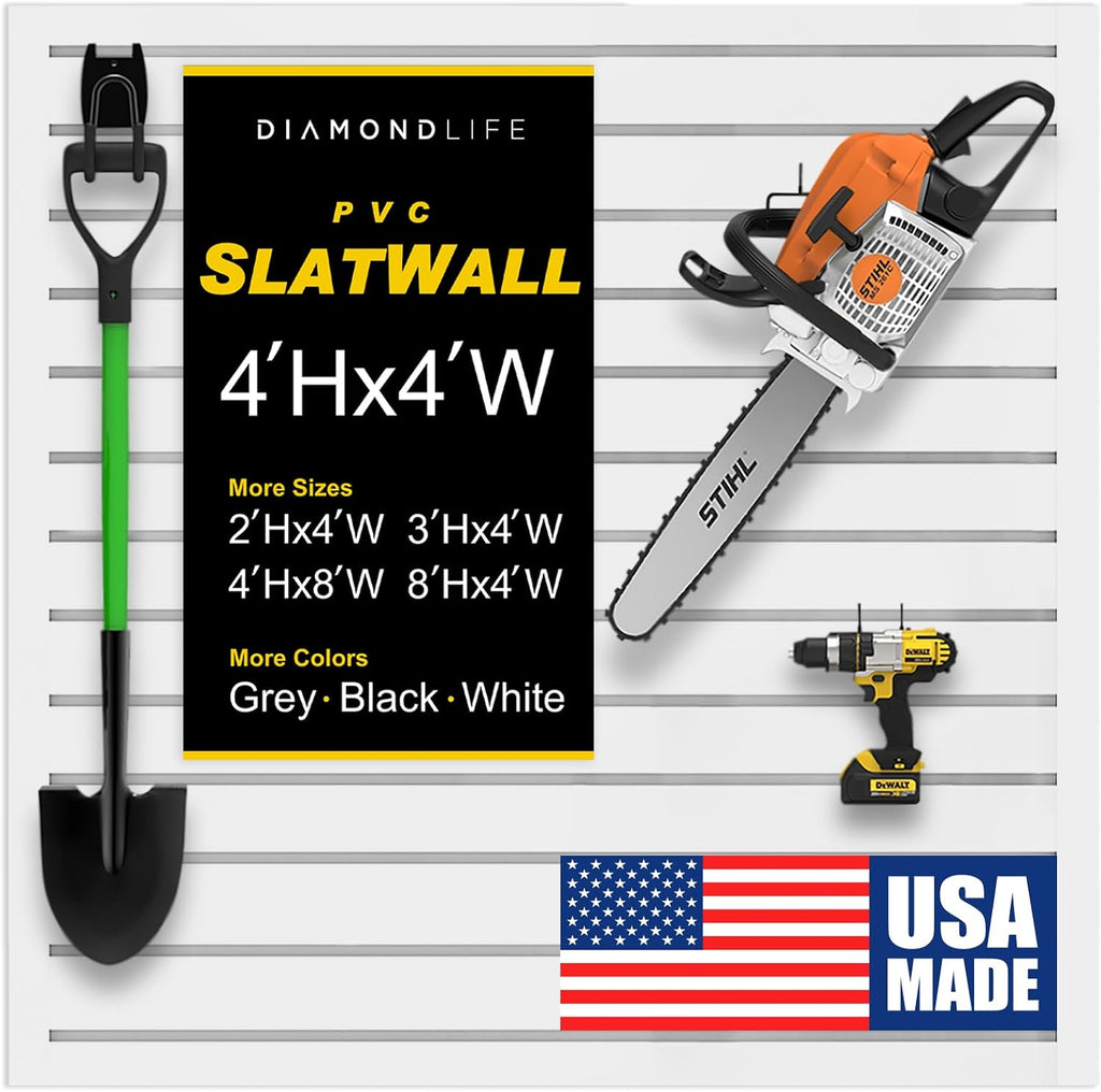 Heavy Duty 4x4 PVC Garage SlatWall Storage System (with Endcaps & Screws) - Modular Slat Wall Paneling for Garage Wall Organizer - Interlocking SlatWall Panels for Home & Commercial Use (White)