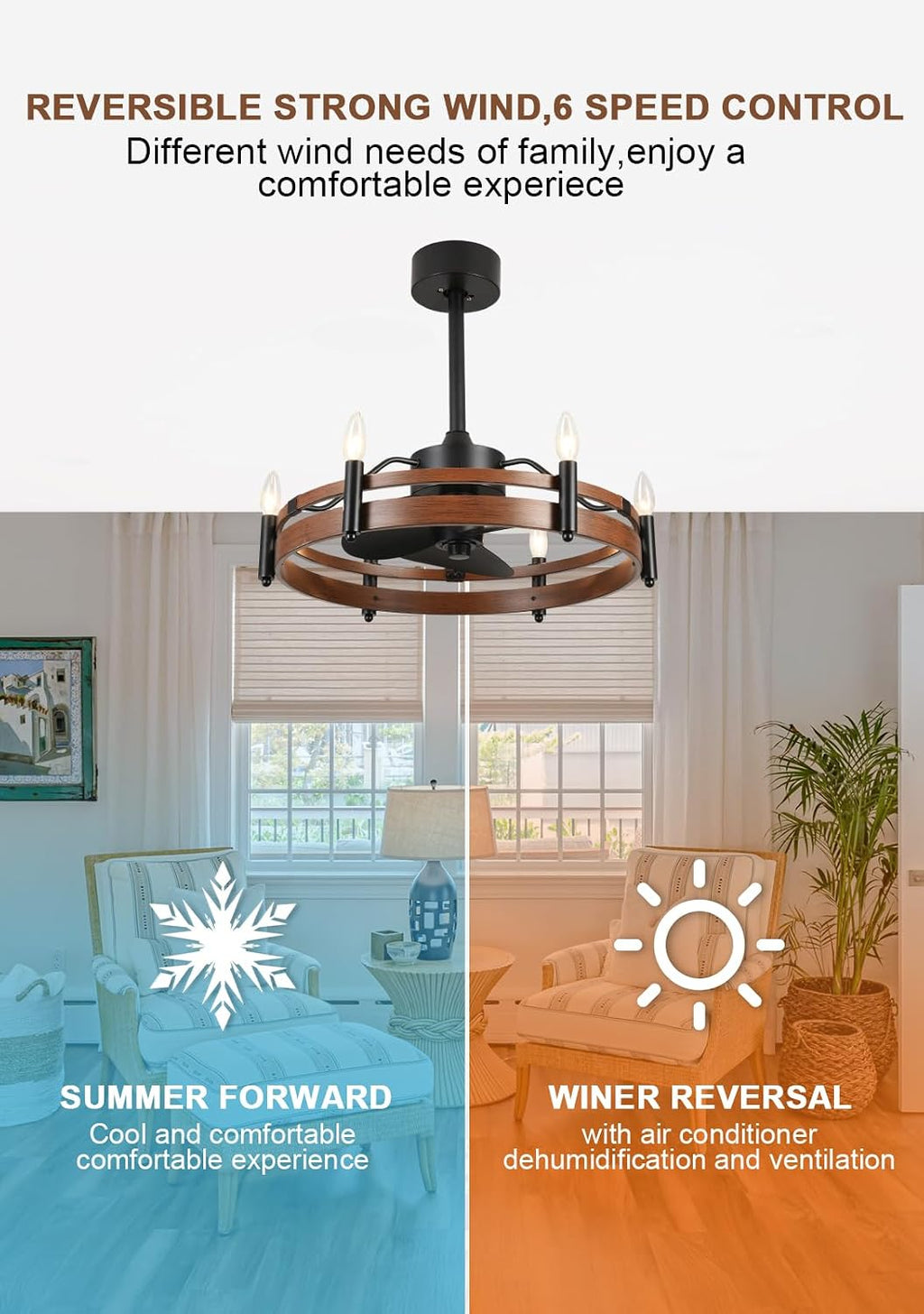 Bella Depot 24' Farmhouse Ceiling Fan with Light – Wagon Wheel Fandelier, 6-Light Industrial Rustic Chandelier Fan, Remote Control, for Bedroom Kitchen Dining Room (Bulbs Not Included)