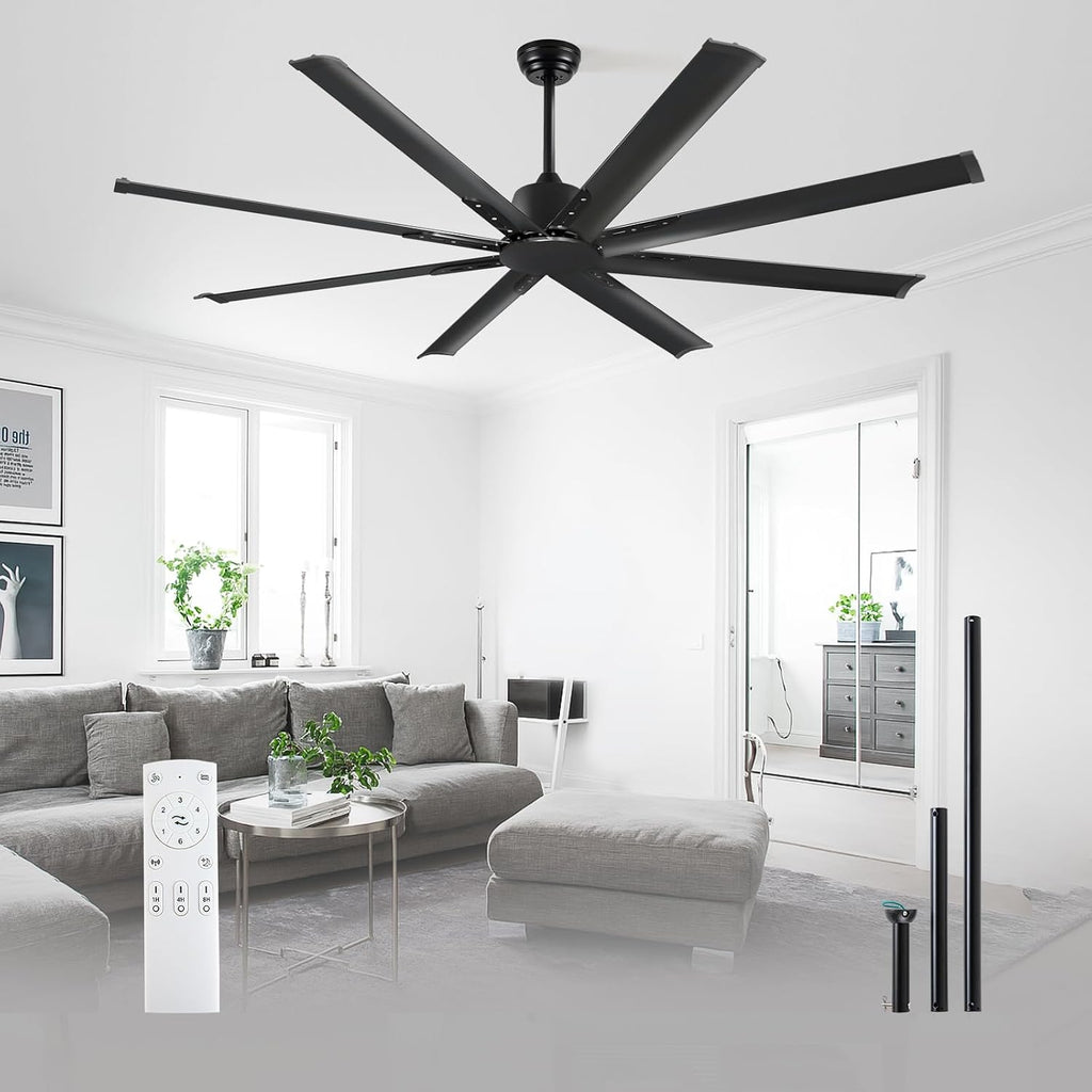 Minislak 72 Inch Ceiling Fan No Light with Remote,8 Aluminum Blades,Industrial DC Motor Quiet Operation,6 Speeds,Large Indoor Outdoor Ceiling Fan for Garage,Patio,Living Room(Black)