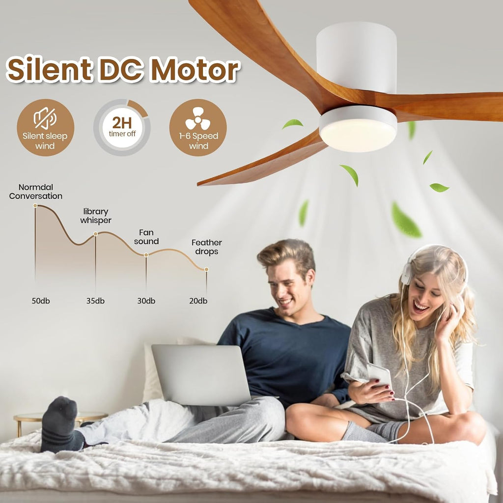 GESUM Ceiling Fan With Light, 52' Flush Mount Ceiling Fan with 3 Wood Blades, Reversible,Dimmable, for Living Room Kitchen Bedroom(White+Wood)