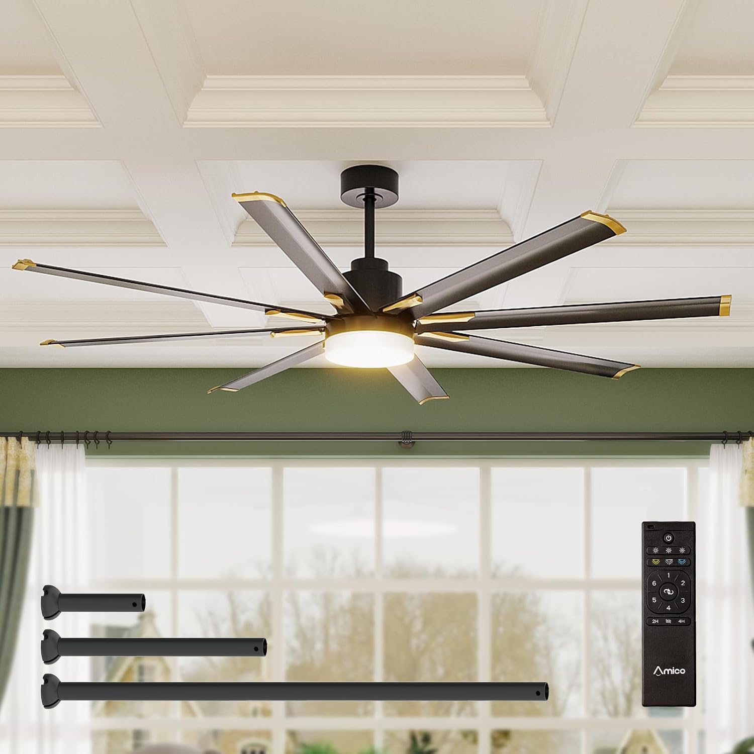 Amico 72 Inch Aluminum Ceiling Fan with Light, 8 Reversible Blades, Industrial Large Ceiling Fan with Quiet DC Motor, 6-Speed Remote Control, Indoor/Outdoor for Porch/Garage/Shop, Black