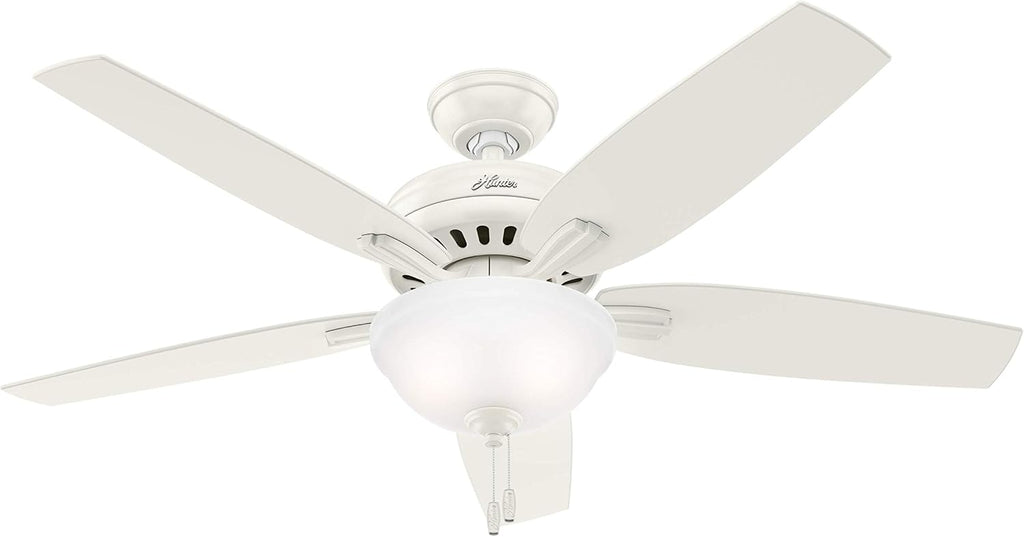 Hunter 52 inch Indoor Ceiling Fan with LED Light - White Ceiling Fan with Pull Chain, For Bedroom or Living Room, Standard Mount, No Remote, 5 Blades, Includes Bulbs - Newsome 53310, Fresh White