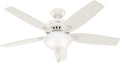 Hunter 52 inch Indoor Ceiling Fan with LED Light - White Ceiling Fan with Pull Chain, For Bedroom or Living Room, Standard Mount, No Remote, 5 Blades, Includes Bulbs - Newsome 53310, Fresh White