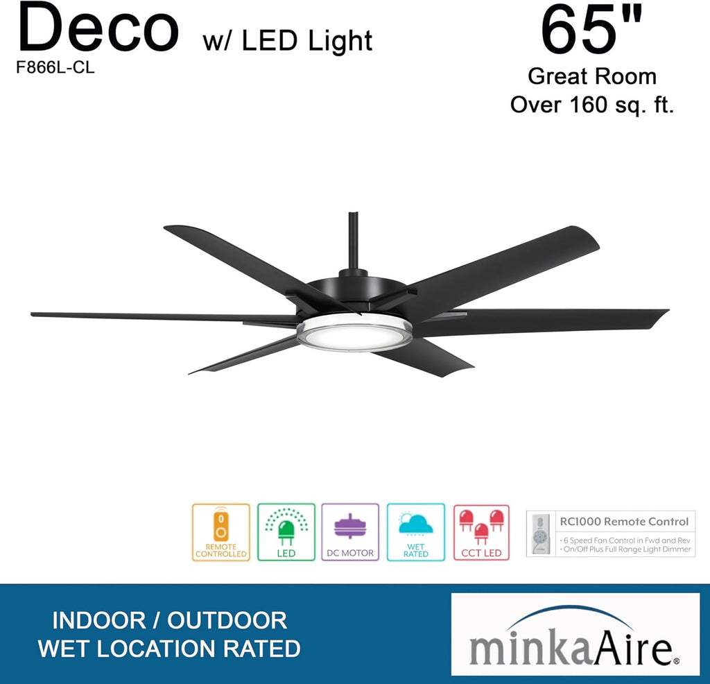 MINKA-AIRE F866L-CL Deco 65' Outdoor Ceiling Fan with LED Lights, Coal