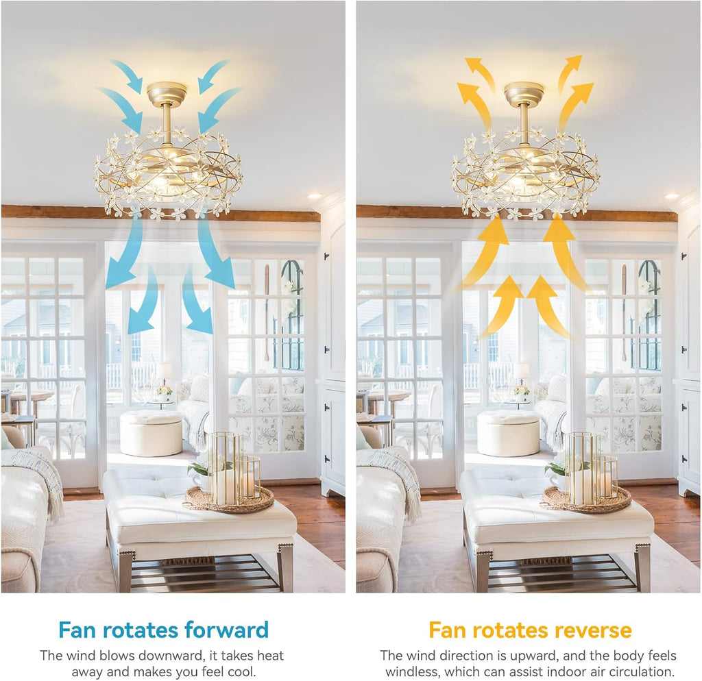 20' Gold Crystal Fandelier Ceiling Fans with lights, Gold Caged Flower ceiling fan with Remote Control, Chandelier with 6 Speeds for Bedroom, Nursery, Living Room