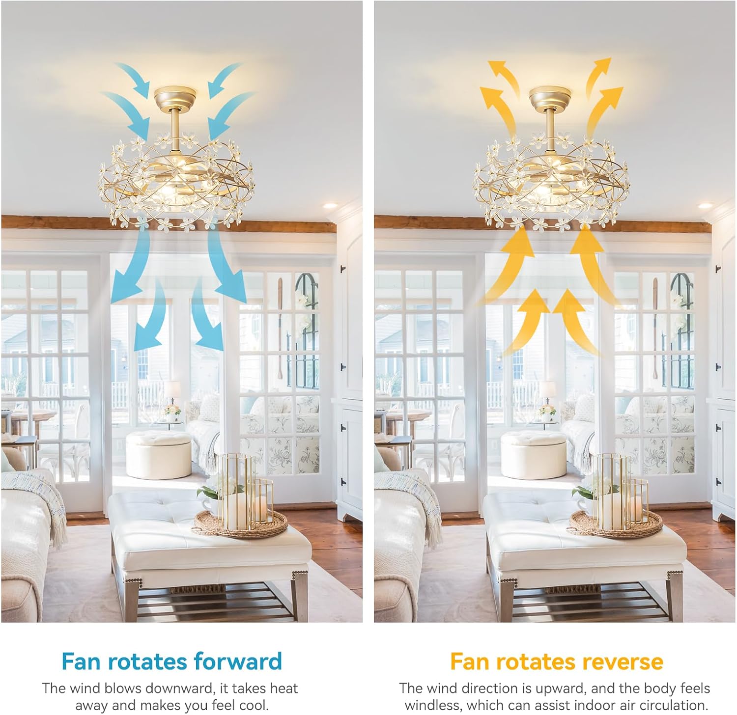 20' Gold Crystal Fandelier Ceiling Fans with lights, Gold Caged Flower ceiling fan with Remote Control, Chandelier with 6 Speeds for Bedroom, Nursery, Living Room