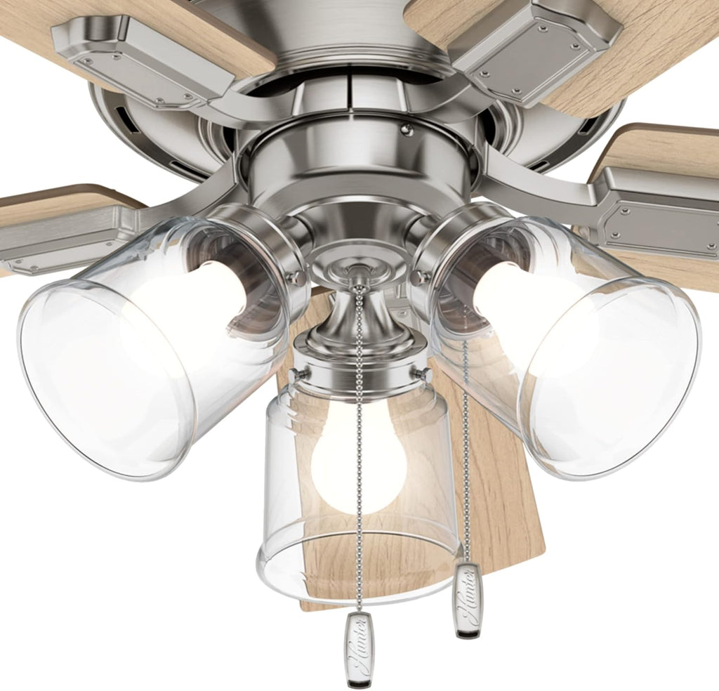 Hunter 42 inch Indoor Ceiling Fan with LED Lights and Pull Chain - Low Profile Flush Mount Ceiling Fan, 5 Blades, For Bedroom, Living Room, or Kitchen, Quiet - Crestfield 52154, Brushed Nickel