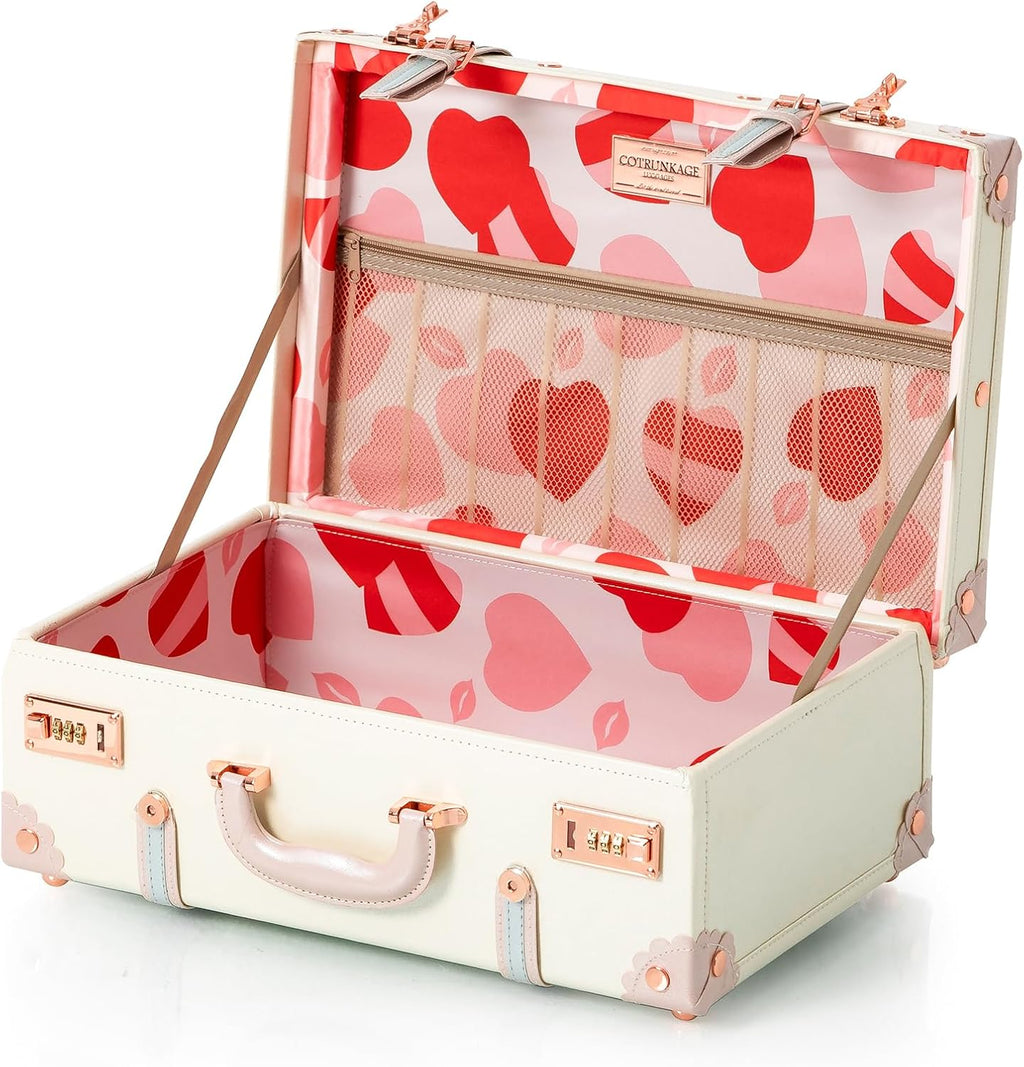 COTRUNKAGE 18' Carry On Suitcase Cute Pu Overnight Vintage Trunk Luggage Bag for Women with Combination Locks, Cream White
