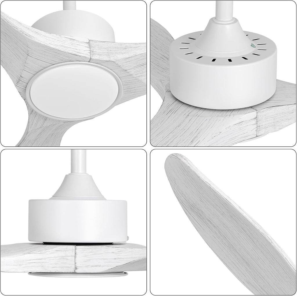 52 Inch White Ceiling Fan with Lights and Remote, Retro White Wood Low Profile Flush Mount Modern Ceiling Fan for Indoor Farmhouse Bedroom Living Room Outdoor Patio Porch, Reversible DC Motor