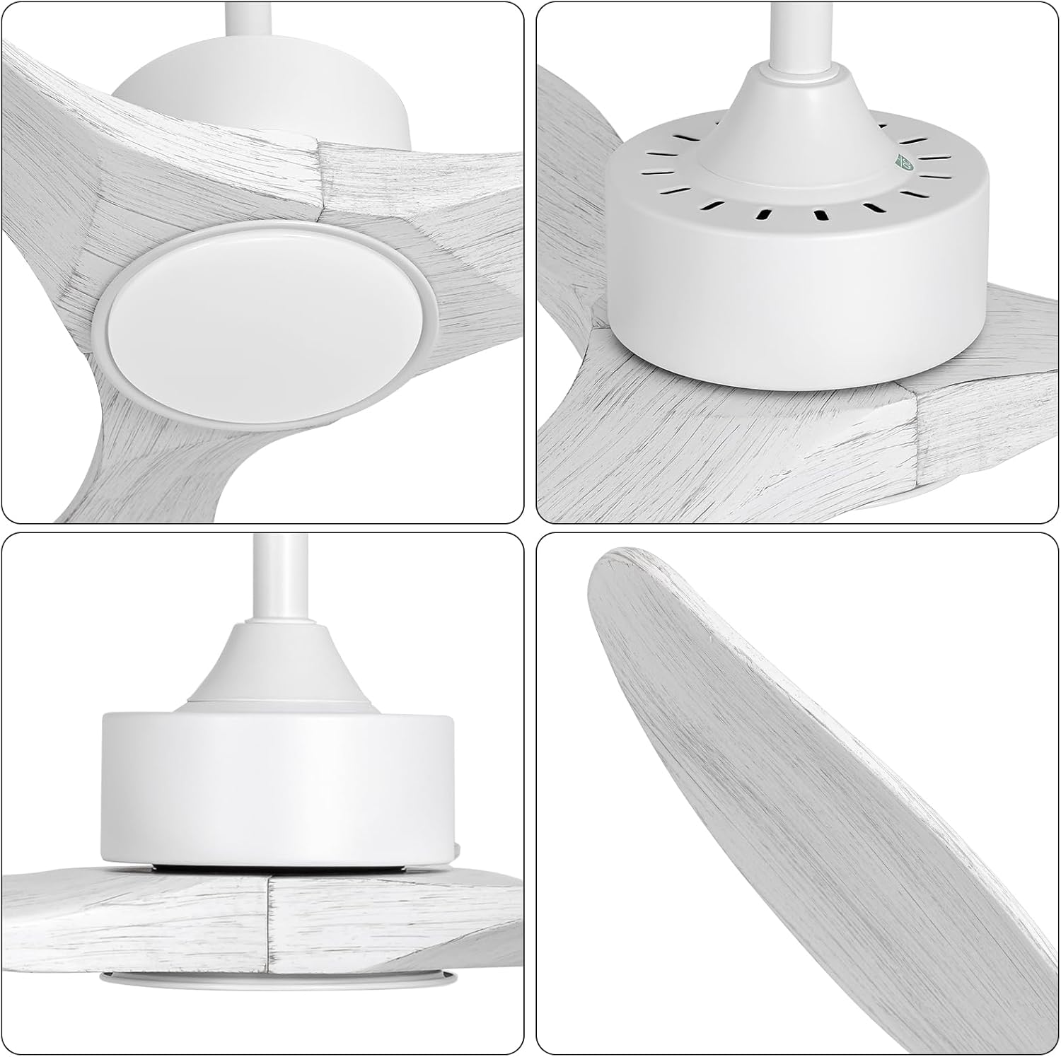 52 Inch White Ceiling Fan with Lights and Remote, Retro White Wood Low Profile Flush Mount Modern Ceiling Fan for Indoor Farmhouse Bedroom Living Room Outdoor Patio Porch, Reversible DC Motor