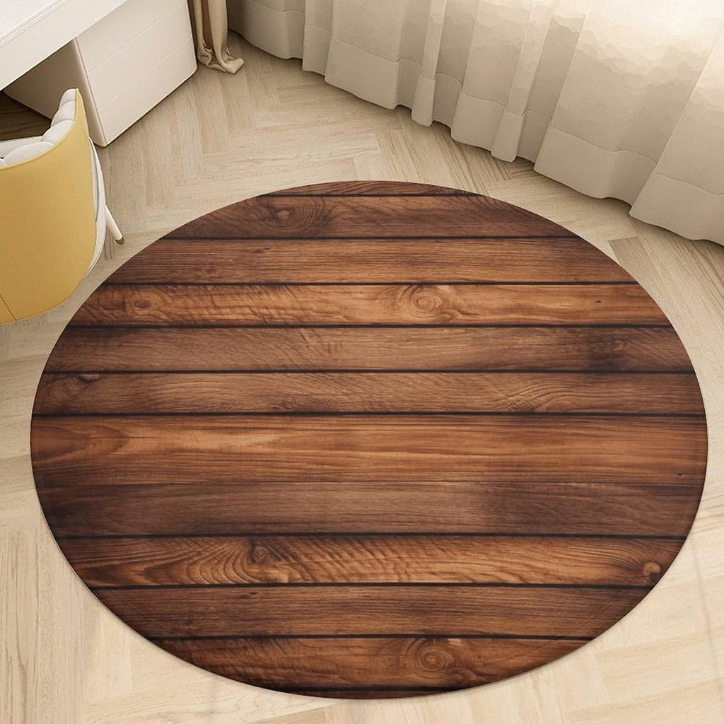 Brown Wooden Coral Velvet Round Floor Mat Non-Slip Bath Rug Floor Covering for Bathroom Vanity Guest Suite & Vacation Home