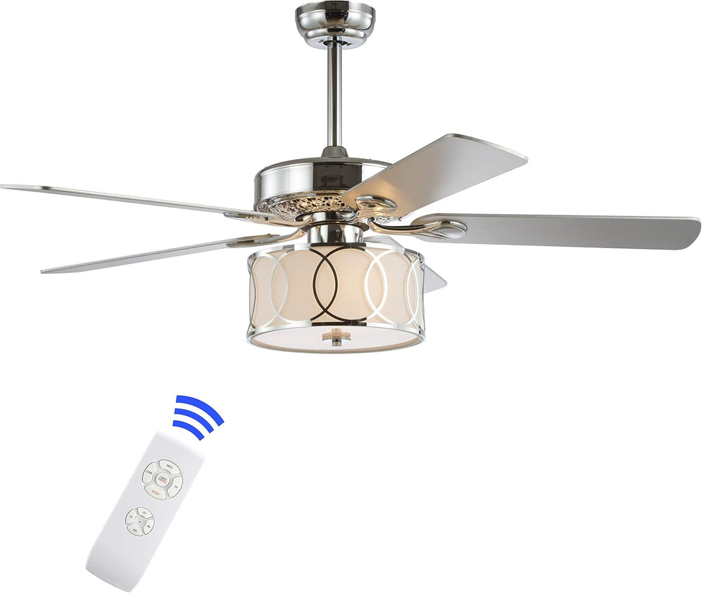 JONATHAN Y 52' Chrome Modern Glam LED Ceiling Fan with Remote, 3-Light Indoor Fan with 5 Reversible Blades, White Fabric Drum Shade for Living Room, Bedroom, ETL Listed JYL9607A