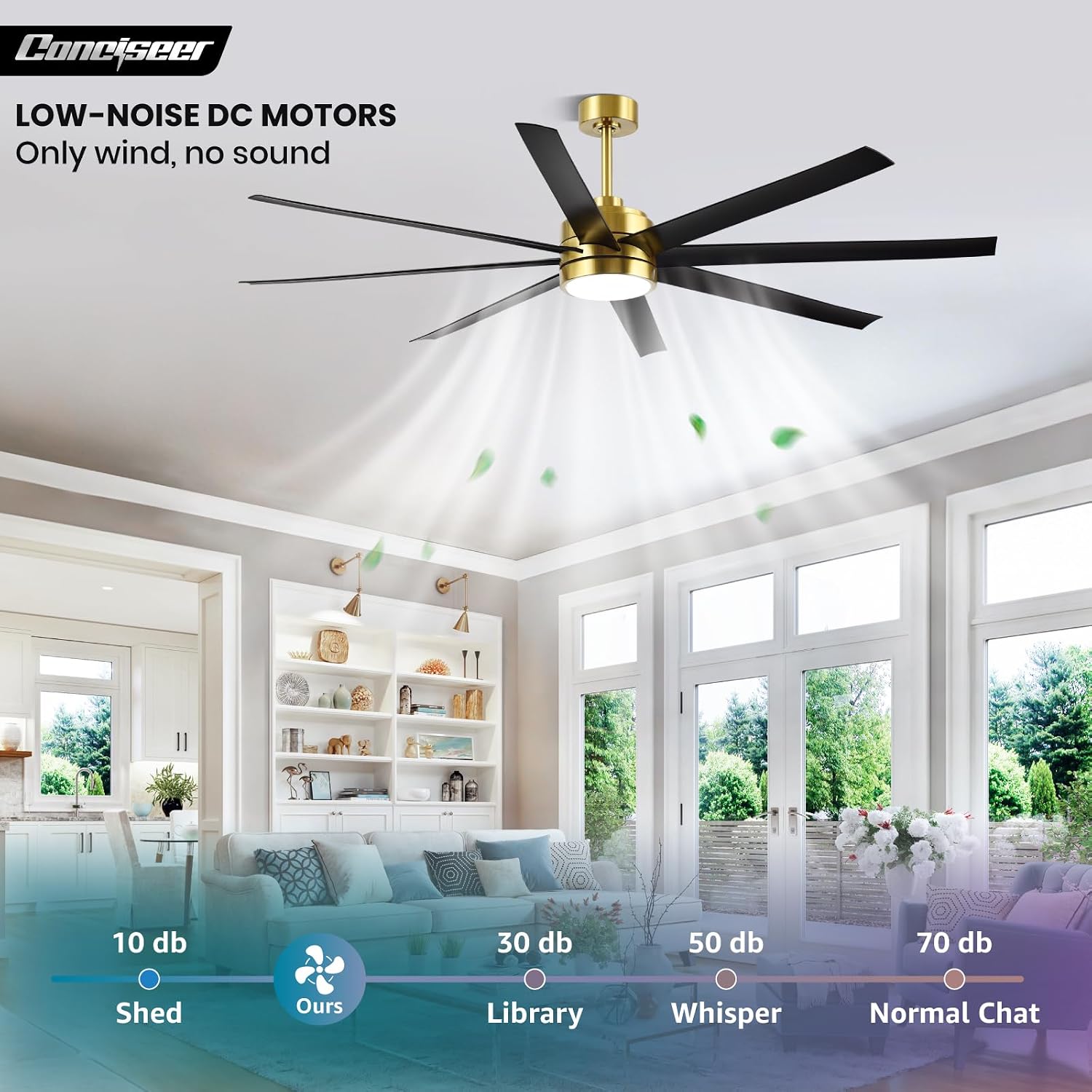 Conciseer 72 Inch Ceiling Fans with Lights and Remote for Living Room Kitchen Library Cafe Outdoor/Industrial Use, 3CCT Dimmable, Dual Color 8 Blades 6 Speed Reversible Quiet DC Motor, Gold/Black